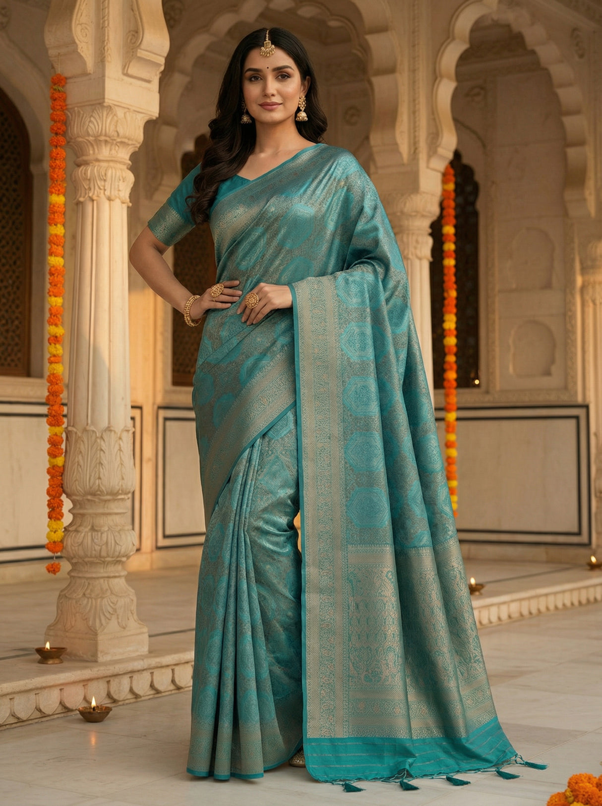 MIMOSA Women's Woven Design Kanjivaram Style Art Silk Saree with Blouse Piece - Saffire ( SA00002246SFFREE )
