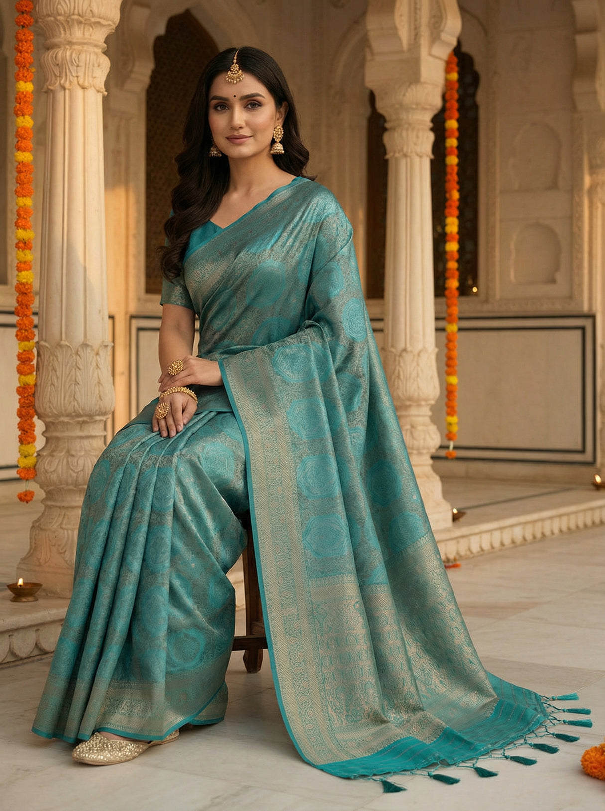 MIMOSA Women's Woven Design Kanjivaram Style Art Silk Saree with Blouse Piece - Saffire ( SA00002246SFFREE )