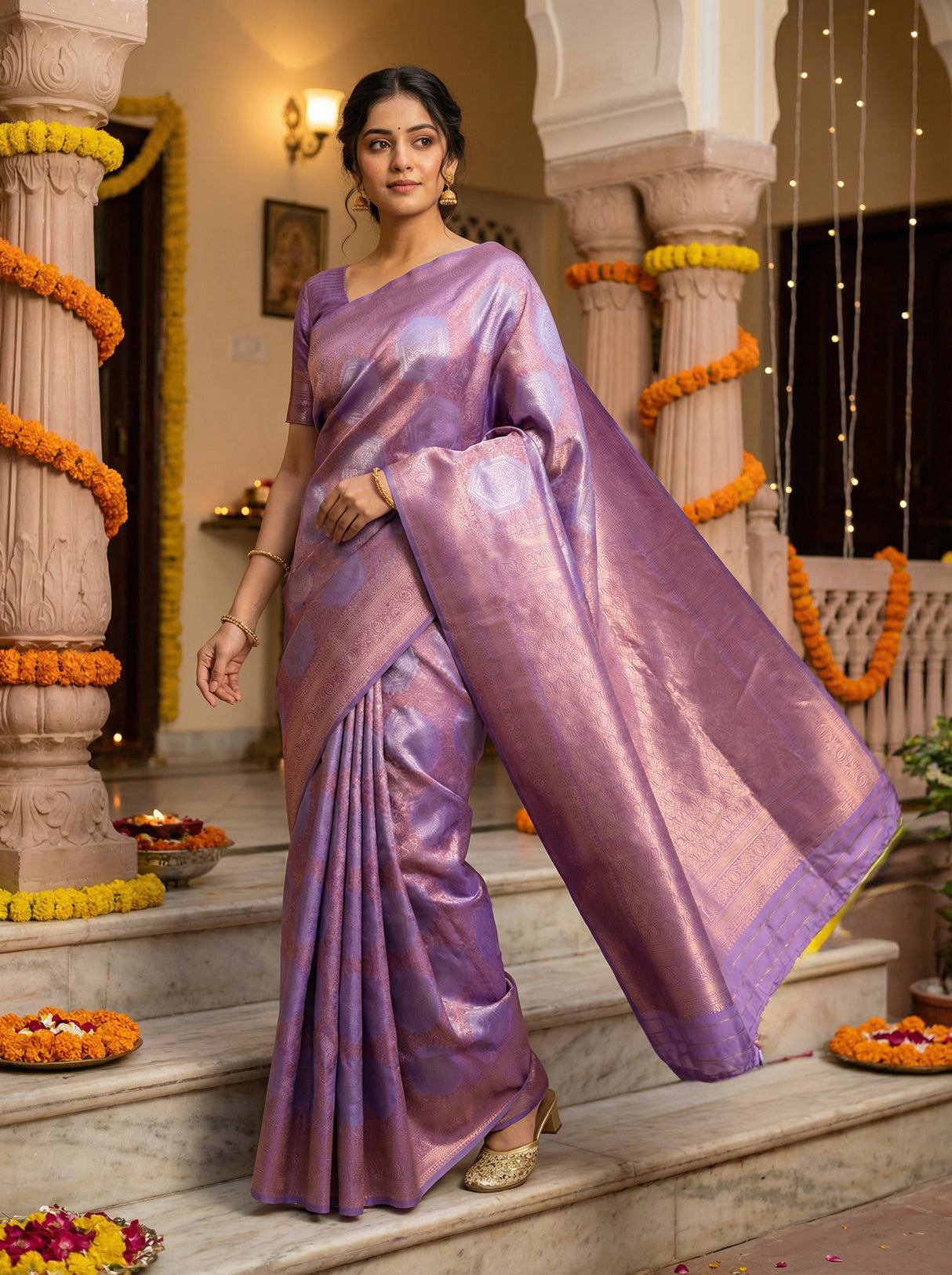 MIMOSA Women's Woven Design Kanjivaram Style Art Silk Saree with Blouse Piece - Violet ( SA00002246VLFREE )