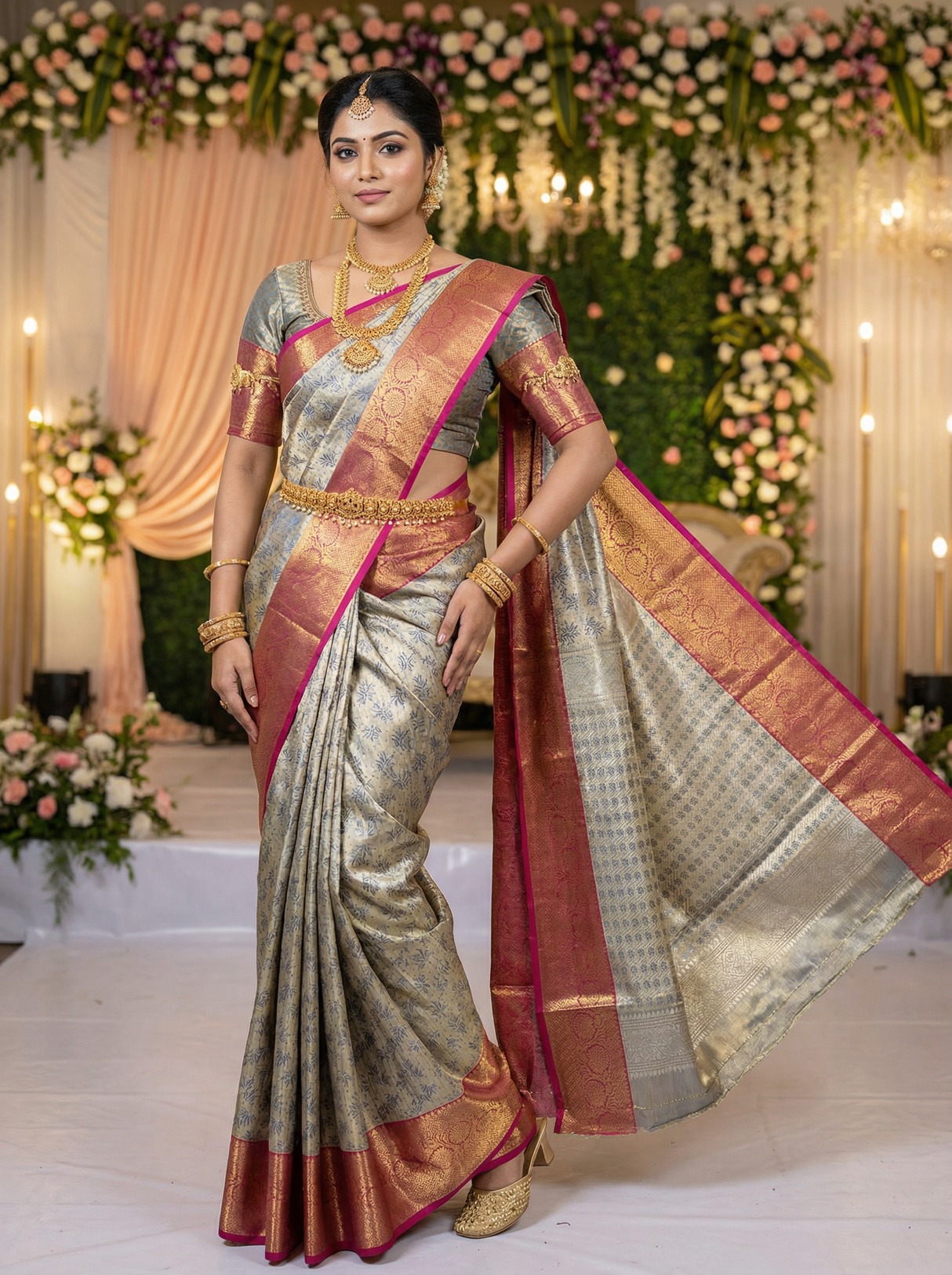 MIMOSA Women's Woven Design Kanjivaram Style Art Silk Saree with Blouse Piece - Navy Blue (SA00002477NVFREE)