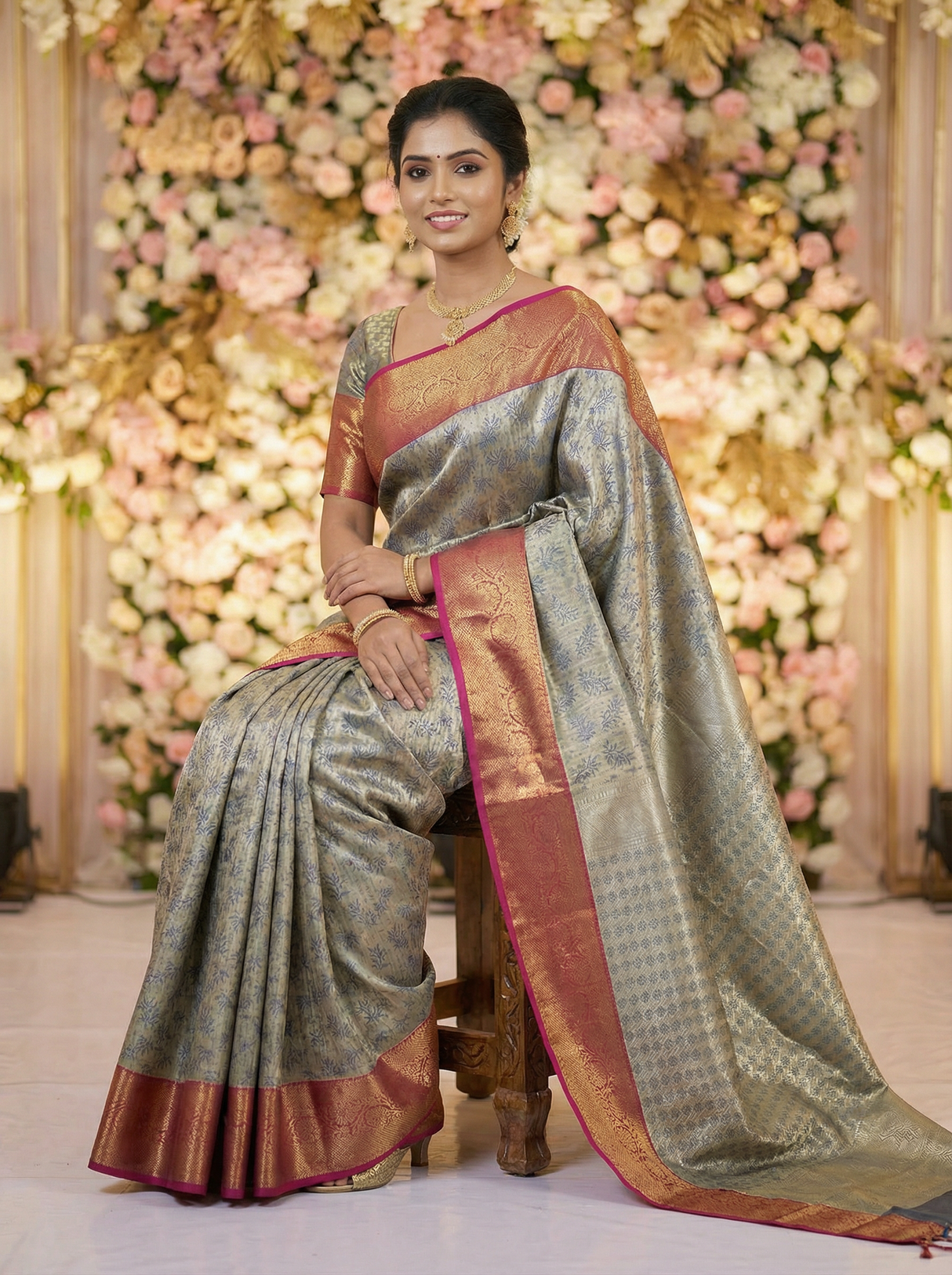 MIMOSA Women's Woven Design Kanjivaram Style Art Silk Saree with Blouse Piece - Navy Blue (SA00002477NVFREE)