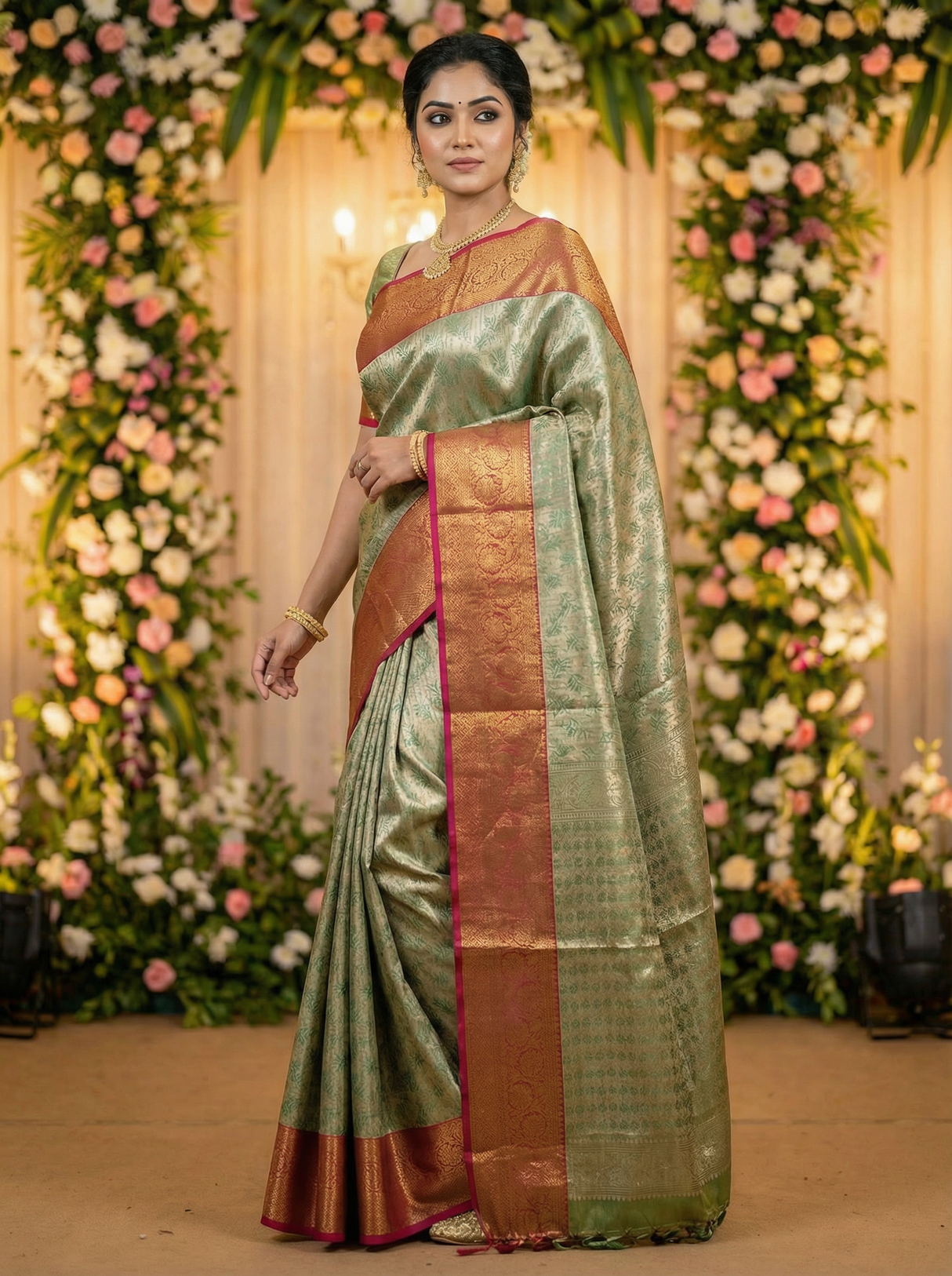 MIMOSA Women's Woven Design Kanjivaram Style Art Silk Saree with Blouse Piece - Green (SA00002477GRNFREE)