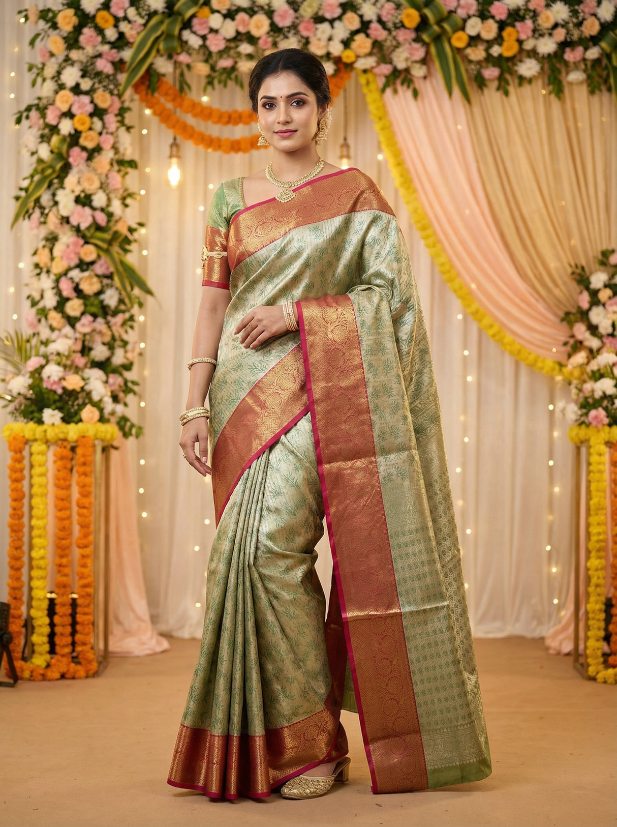 MIMOSA Women's Woven Design Kanjivaram Style Art Silk Saree with Blouse Piece - Green (SA00002477GRNFREE)