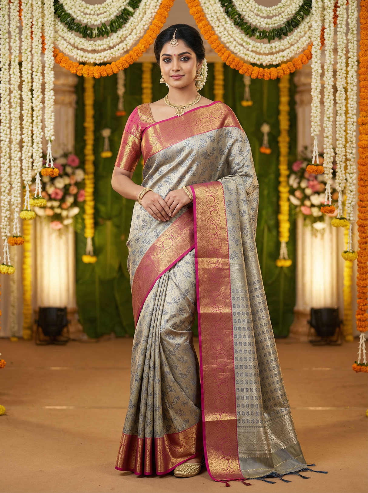 MIMOSA Women's Woven Design Kanjivaram Style Art Silk Saree with Blouse Piece - Navy Blue (SA00002477NVFREE)