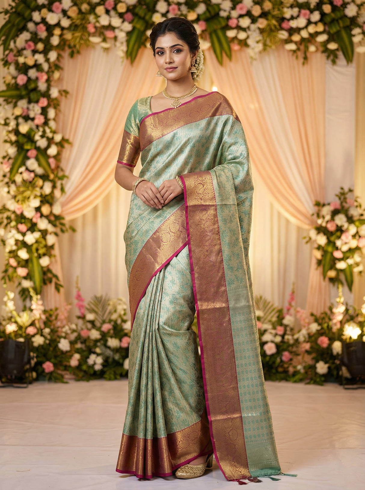 MIMOSA Women's Woven Design Kanjivaram Style Art Silk Saree with Blouse Piece - Rama (SA00002477RMFREE)