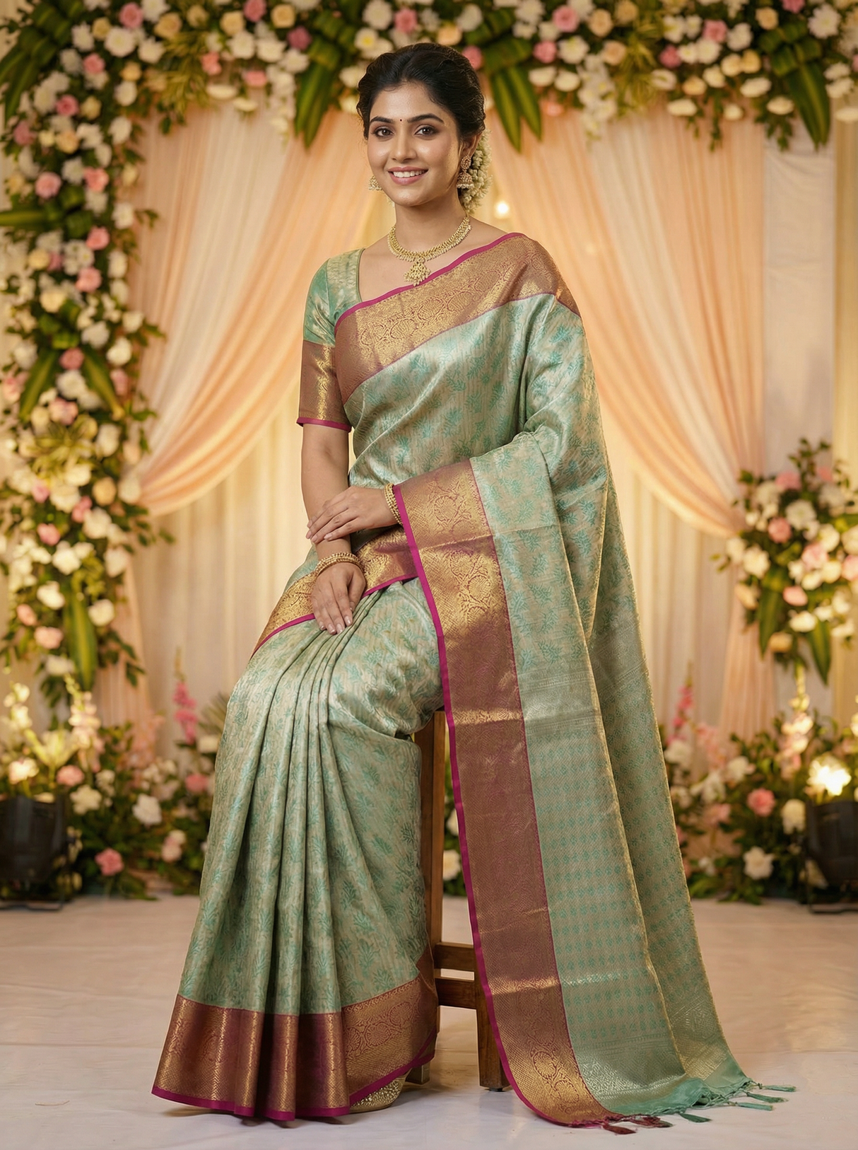 MIMOSA Women's Woven Design Kanjivaram Style Art Silk Saree with Blouse Piece - Rama (SA00002477RMFREE)