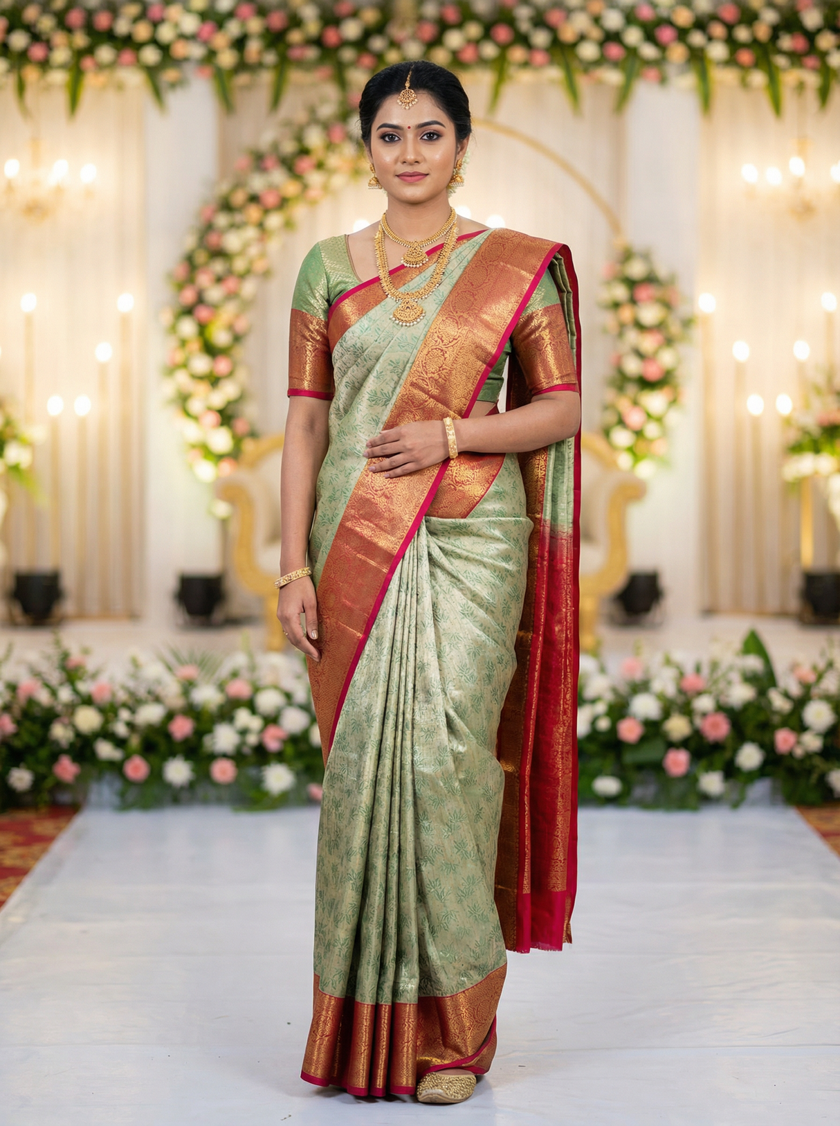 MIMOSA Women's Woven Design Kanjivaram Style Art Silk Saree with Blouse Piece - Green (SA00002477GRNFREE)