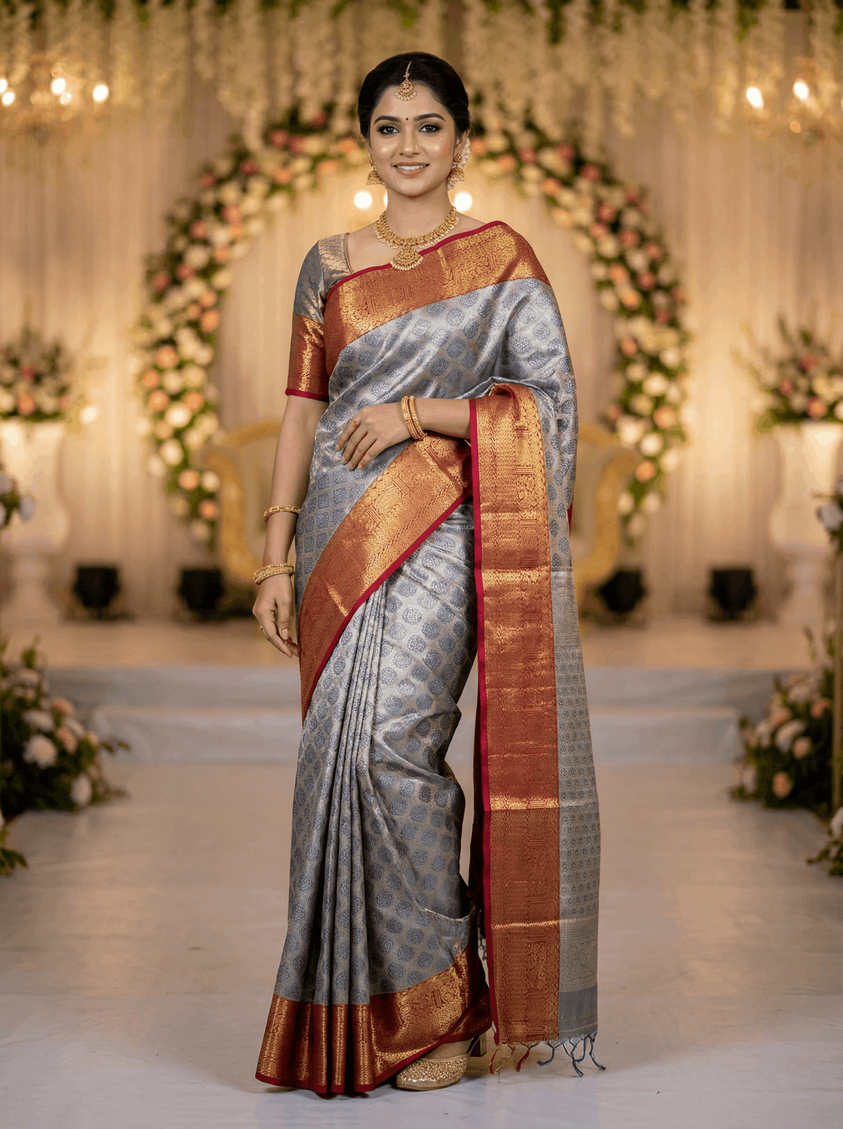 MIMOSA Women's Woven Design Kanjivaram Style Art Silk Saree with Blouse Piece - Navy Blue (SA00002734NVFREE)