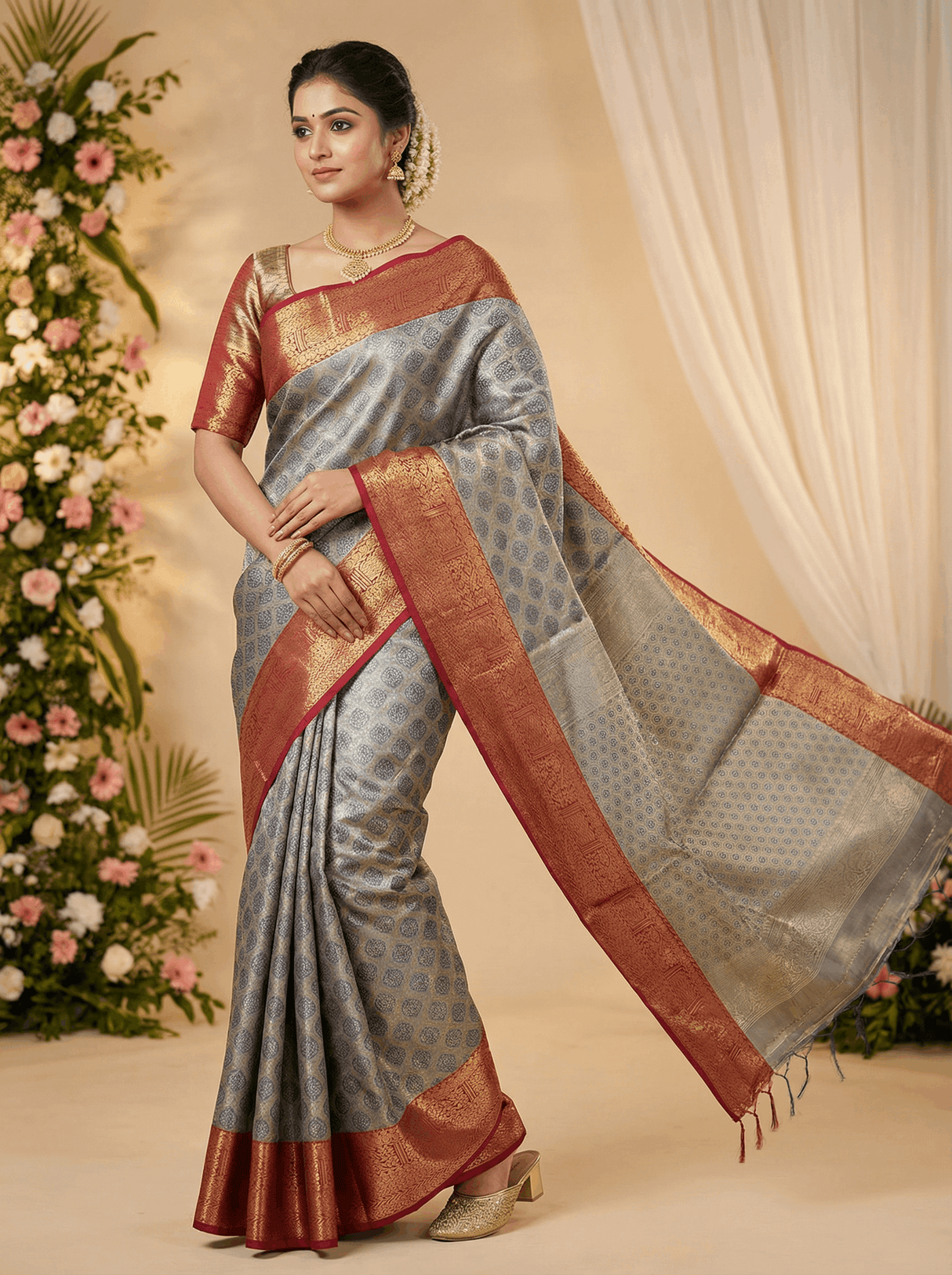 MIMOSA Women's Woven Design Kanjivaram Style Art Silk Saree with Blouse Piece - Navy Blue (SA00002734NVFREE)