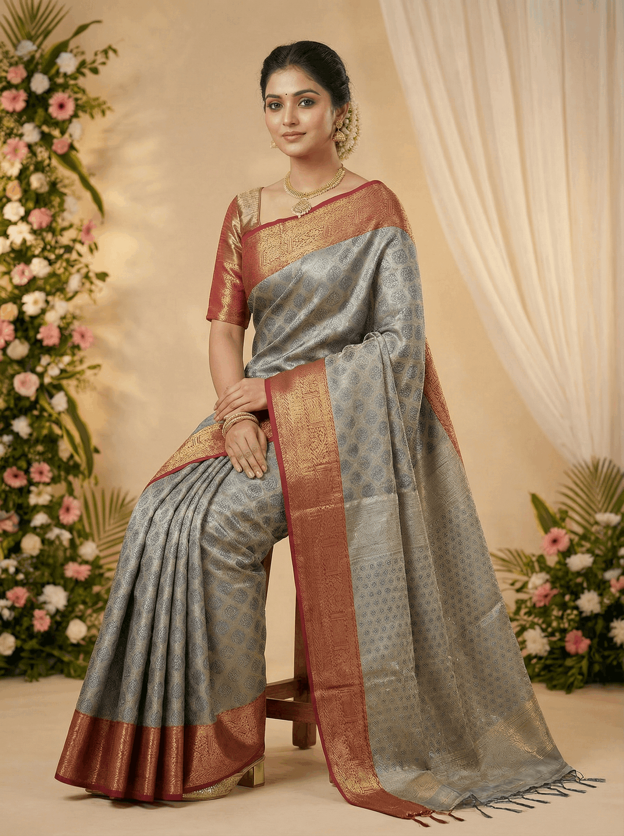 MIMOSA Women's Woven Design Kanjivaram Style Art Silk Saree with Blouse Piece - Navy Blue (SA00002734NVFREE)