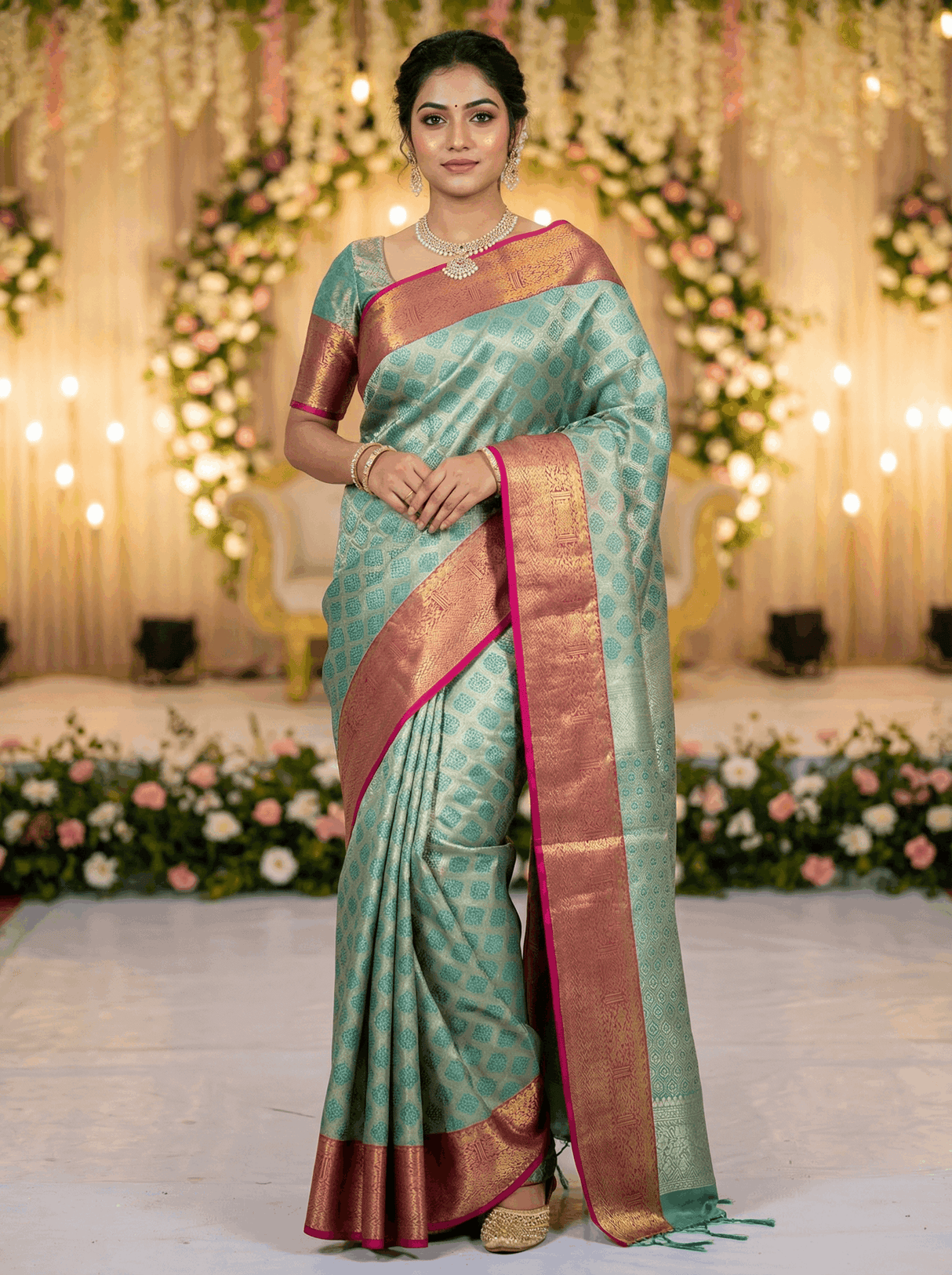 MIMOSA Women's Woven Design Kanjivaram Style Art Silk Saree with Blouse Piece - Rama (SA00002734RMFREE)