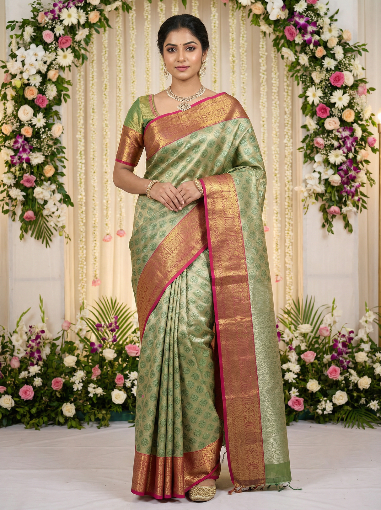 MIMOSA Women's Woven Design Kanjivaram Style Art Silk Saree with Blouse Piece - Green (SA00002734GRNFREE)