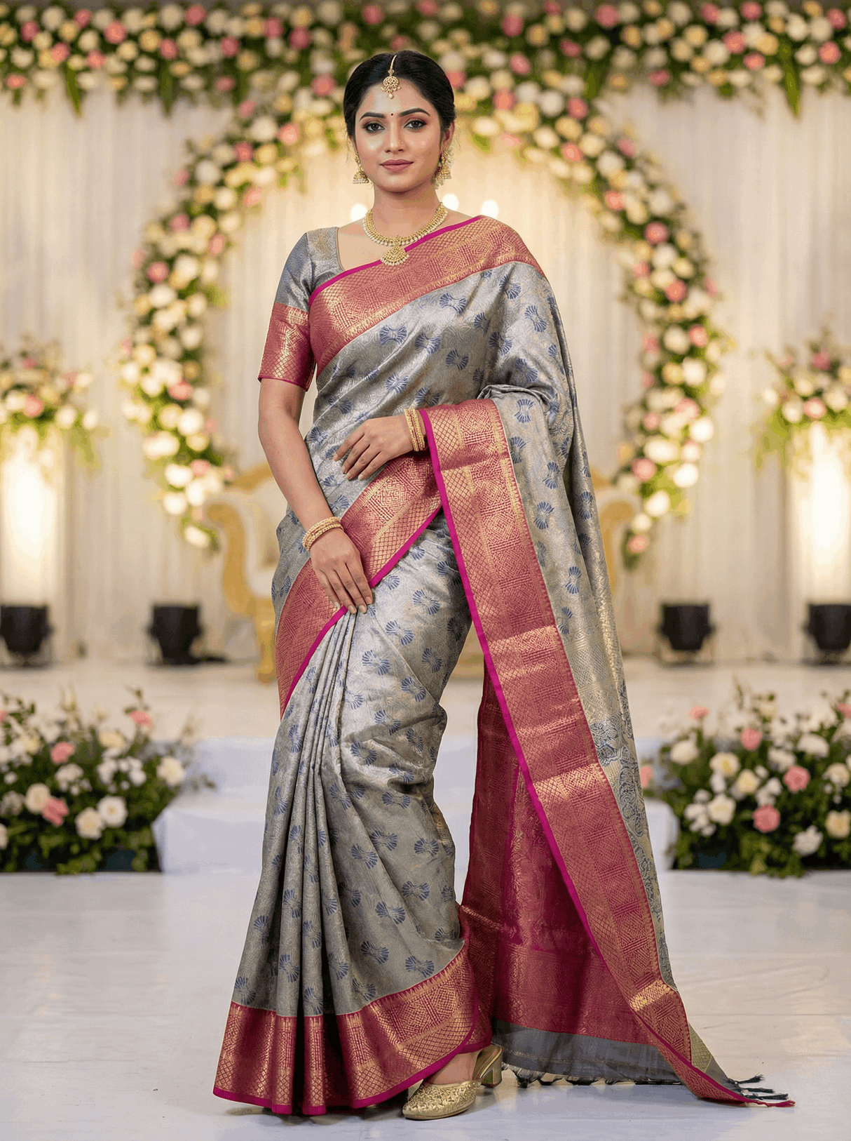 MIMOSA Women's Woven Design Kanjivaram Style Art Silk Saree with Blouse Piece - Navy Blue (SA00002804NVFREE)