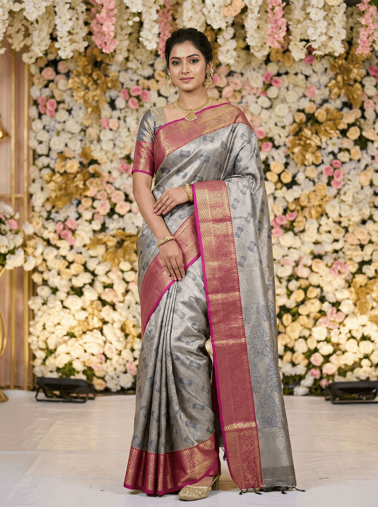 MIMOSA Women's Woven Design Kanjivaram Style Art Silk Saree with Blouse Piece - Navy Blue (SA00002804NVFREE)