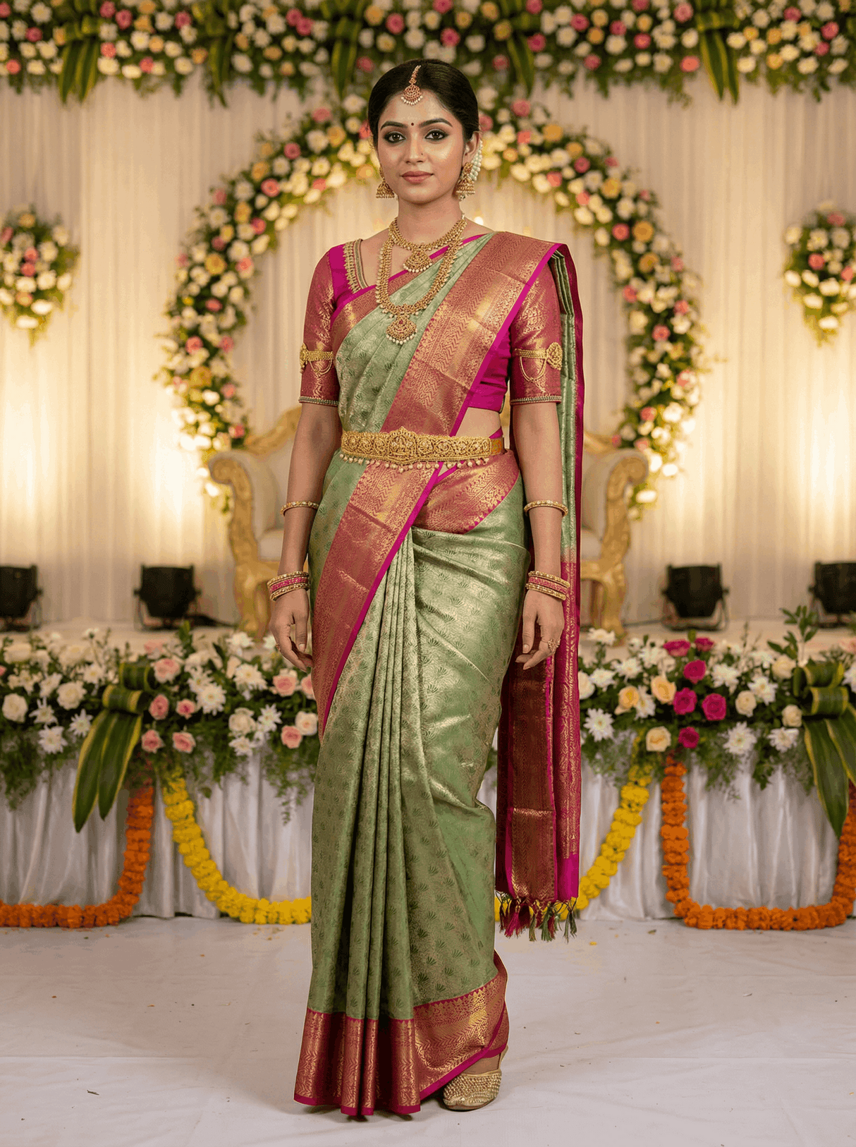 MIMOSA Women's Woven Design Kanjivaram Style Art Silk Saree with Blouse Piece - Green (SA00002866GRNFREE)