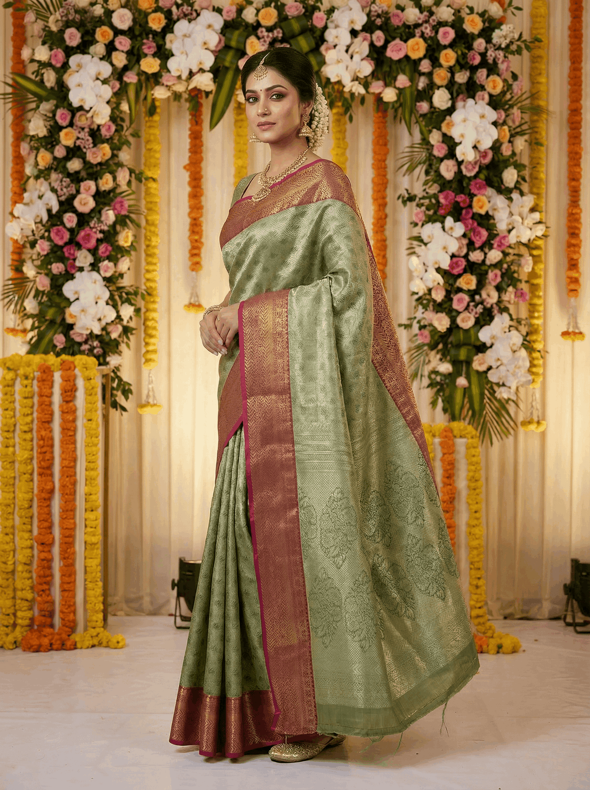 MIMOSA Women's Woven Design Kanjivaram Style Art Silk Saree with Blouse Piece - Green (SA00002866GRNFREE)