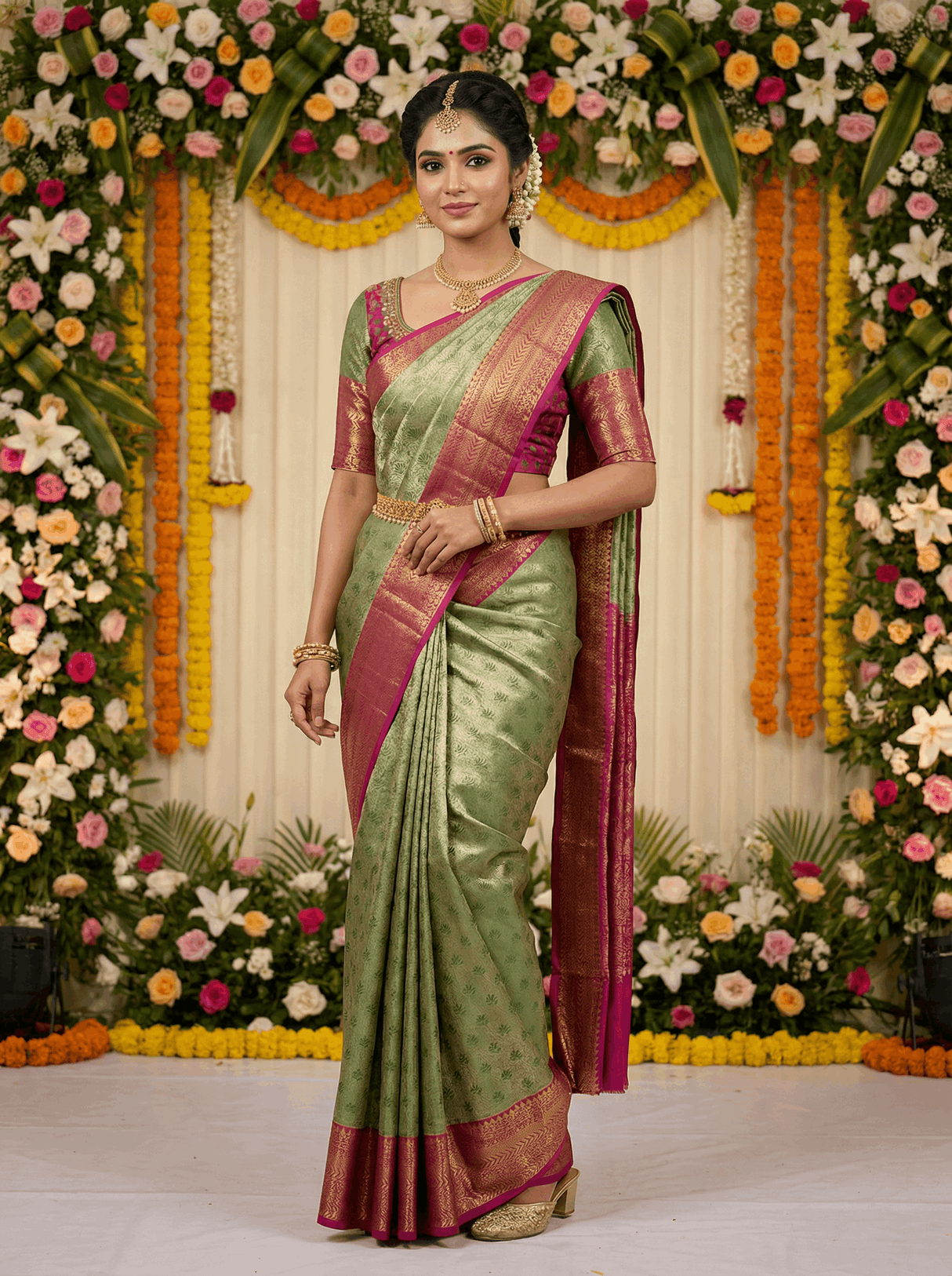 MIMOSA Women's Woven Design Kanjivaram Style Art Silk Saree with Blouse Piece - Green (SA00002866GRNFREE)