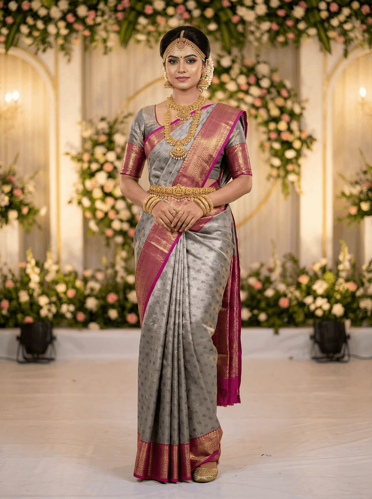 MIMOSA Women's Woven Design Kanjivaram Style Art Silk Saree with Blouse Piece - Navy Blue (SA00002866NVFREE)