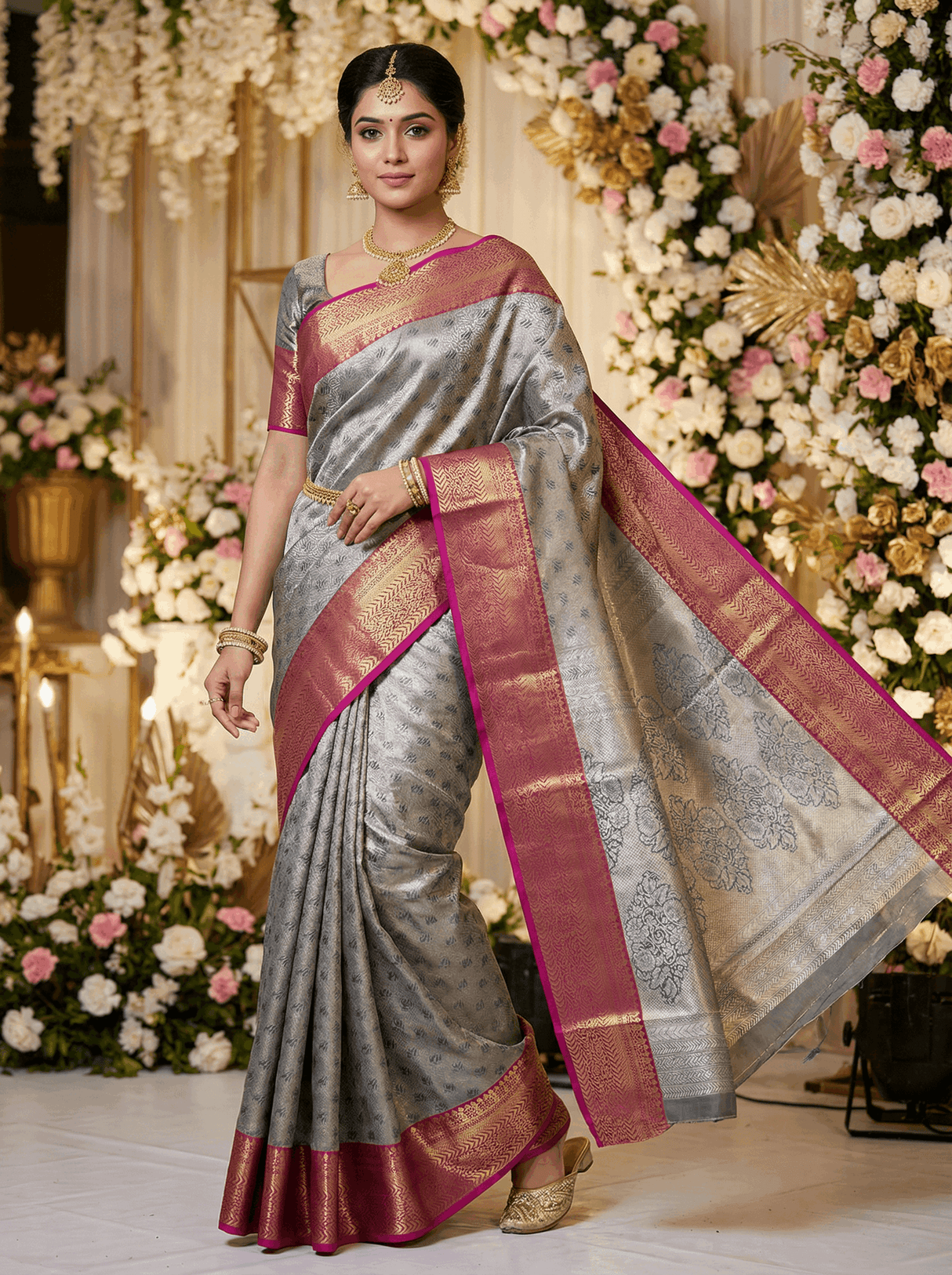 MIMOSA Women's Woven Design Kanjivaram Style Art Silk Saree with Blouse Piece - Navy Blue (SA00002866NVFREE)