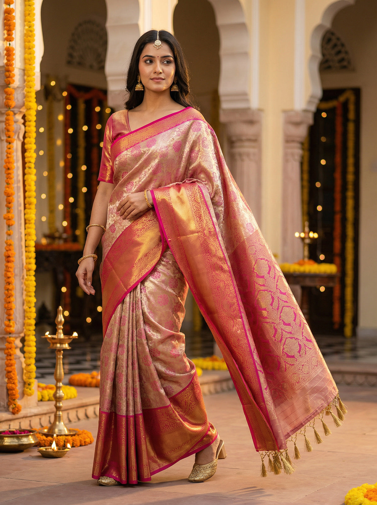 MIMOSA Women's Woven Design Kanjivaram Style Tissue Art Silk Saree with Blouse Piece - Gajjari ( SA00002922GJFREE )
