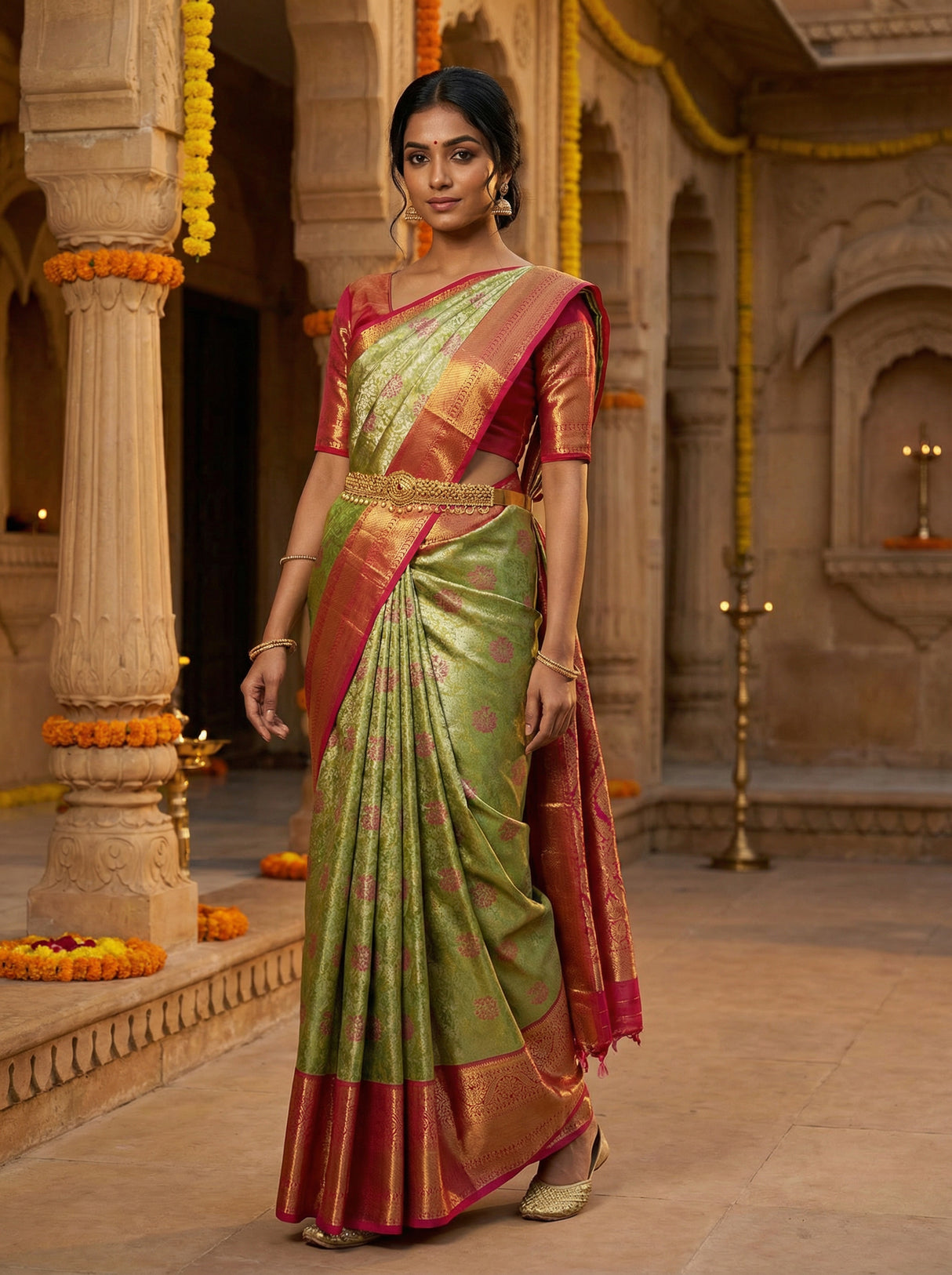 MIMOSA Women's Woven Design Kanjivaram Style Tissue Art Silk Saree with Blouse Piece - Olive ( SA00002922OLFREE )