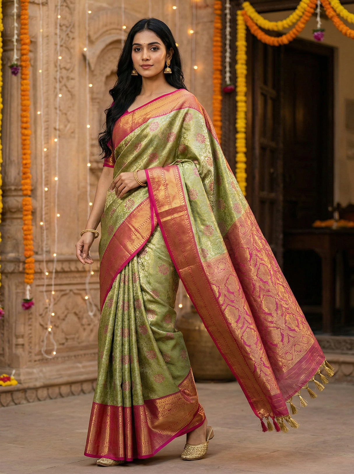 MIMOSA Women's Woven Design Kanjivaram Style Tissue Art Silk Saree with Blouse Piece - Olive ( SA00002922OLFREE )