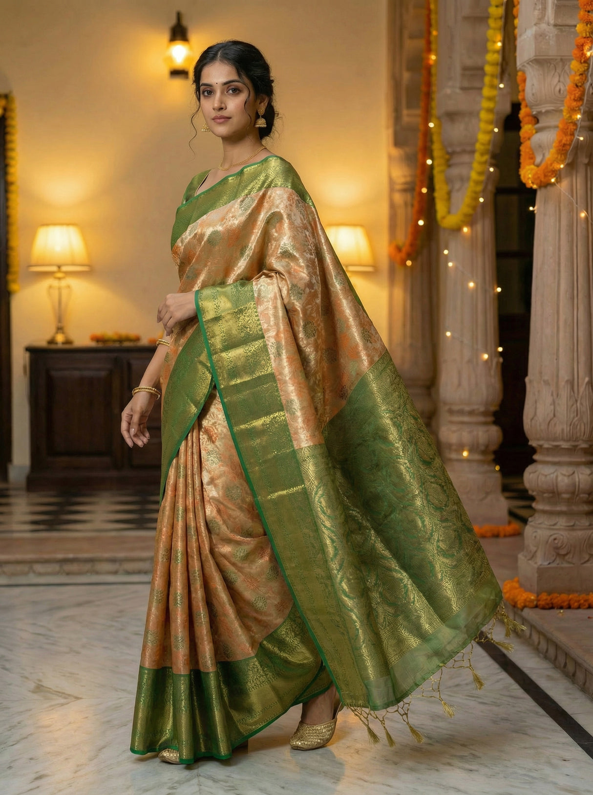 MIMOSA Women's Woven Design Kanjivaram Style Tissue Art Silk Saree with Blouse Piece - Orange ( SA00002922ORFREE )