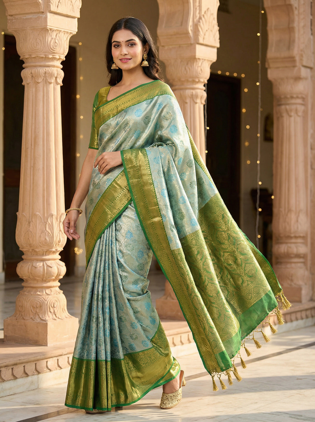 MIMOSA Women's Woven Design Kanjivaram Style Tissue Art Silk Saree with Blouse Piece - Saffire ( SA00002922SFFREE )