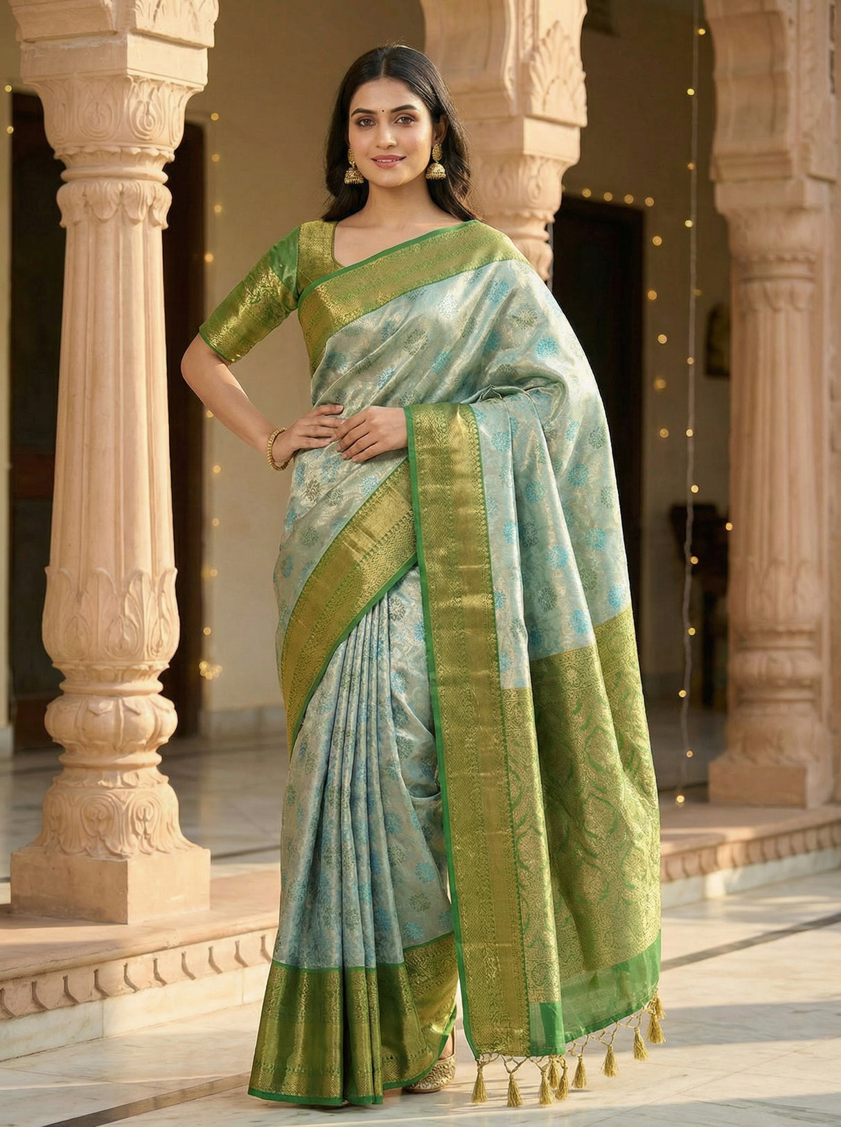MIMOSA Women's Woven Design Kanjivaram Style Tissue Art Silk Saree with Blouse Piece - Saffire ( SA00002922SFFREE )
