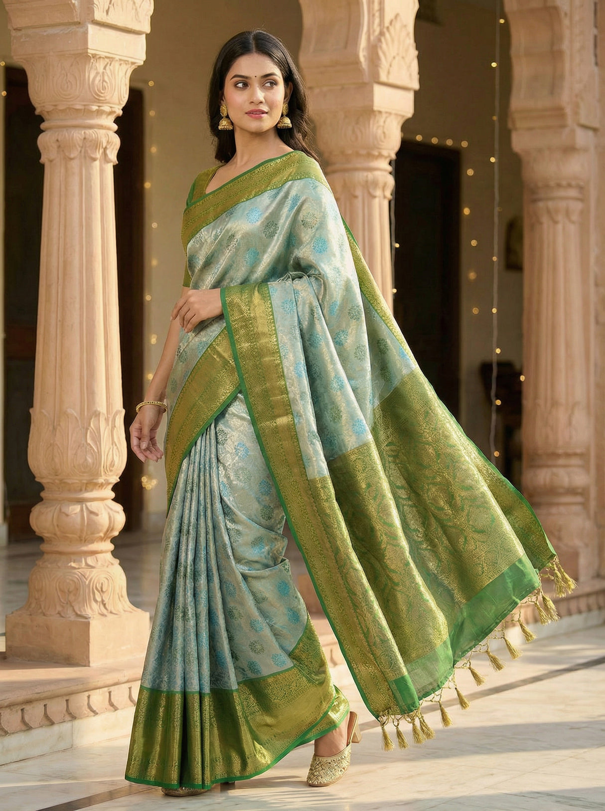 MIMOSA Women's Woven Design Kanjivaram Style Tissue Art Silk Saree with Blouse Piece - Saffire ( SA00002922SFFREE )
