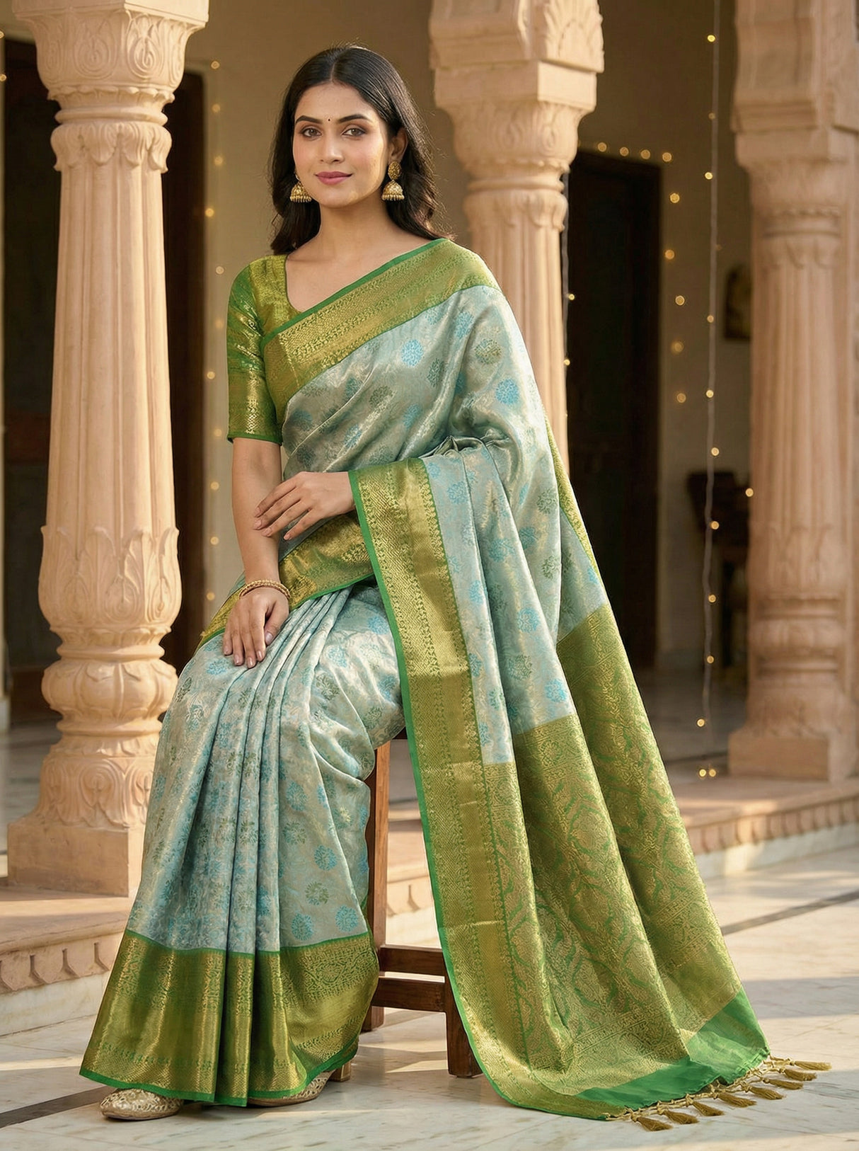 MIMOSA Women's Woven Design Kanjivaram Style Tissue Art Silk Saree with Blouse Piece - Saffire ( SA00002922SFFREE )