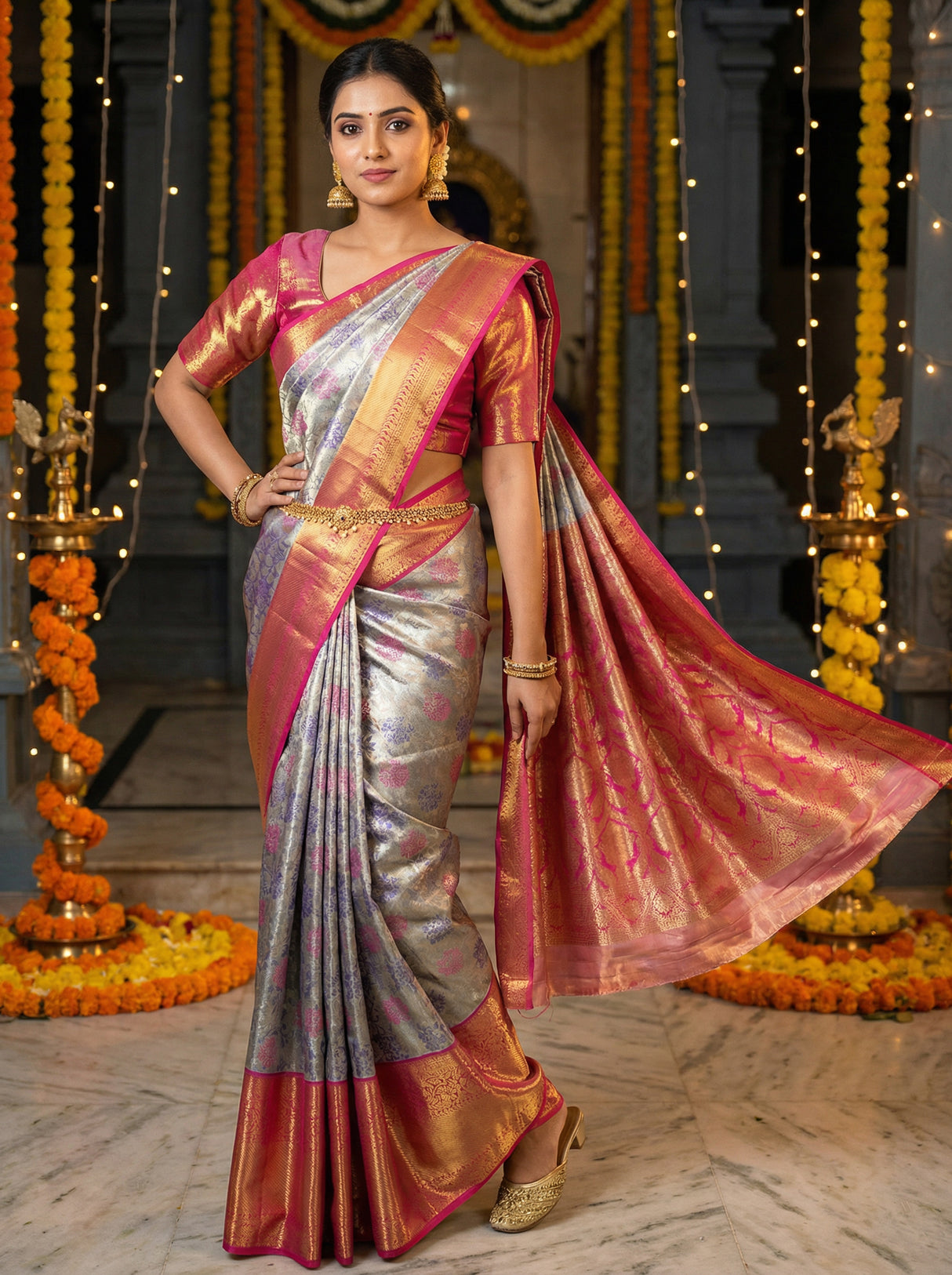 MIMOSA Women's Woven Design Kanjivaram Style Tissue Art Silk Saree with Blouse Piece - Violet ( SA00002922VLFREE )