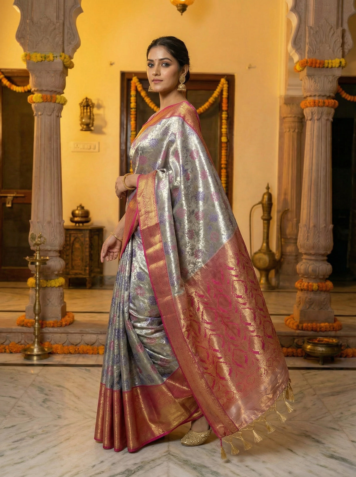 MIMOSA Women's Woven Design Kanjivaram Style Tissue Art Silk Saree with Blouse Piece - Violet ( SA00002922VLFREE )