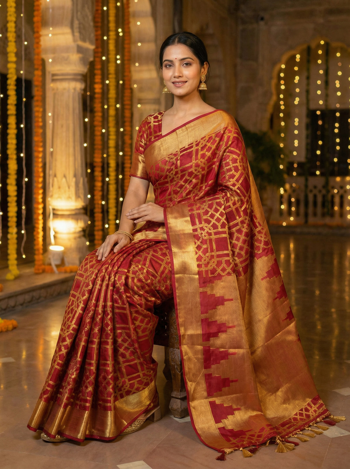 MIMOSA Women's Woven Design Banarasi Style Art Silk Saree with Blouse Piece - Maroon ( SA00003121MRFREE )