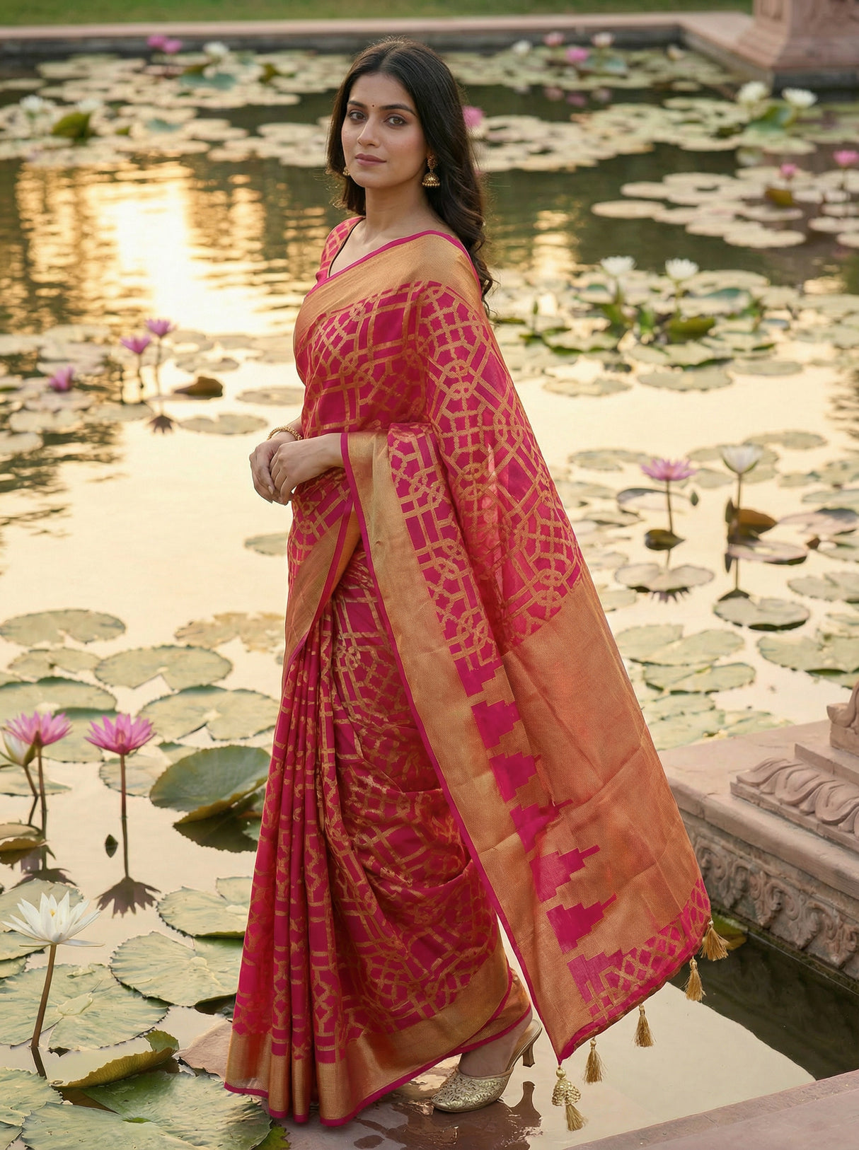 MIMOSA Women's Woven Design Banarasi Style Art Silk Saree with Blouse Piece - Rani ( SA00003121RNFREE )