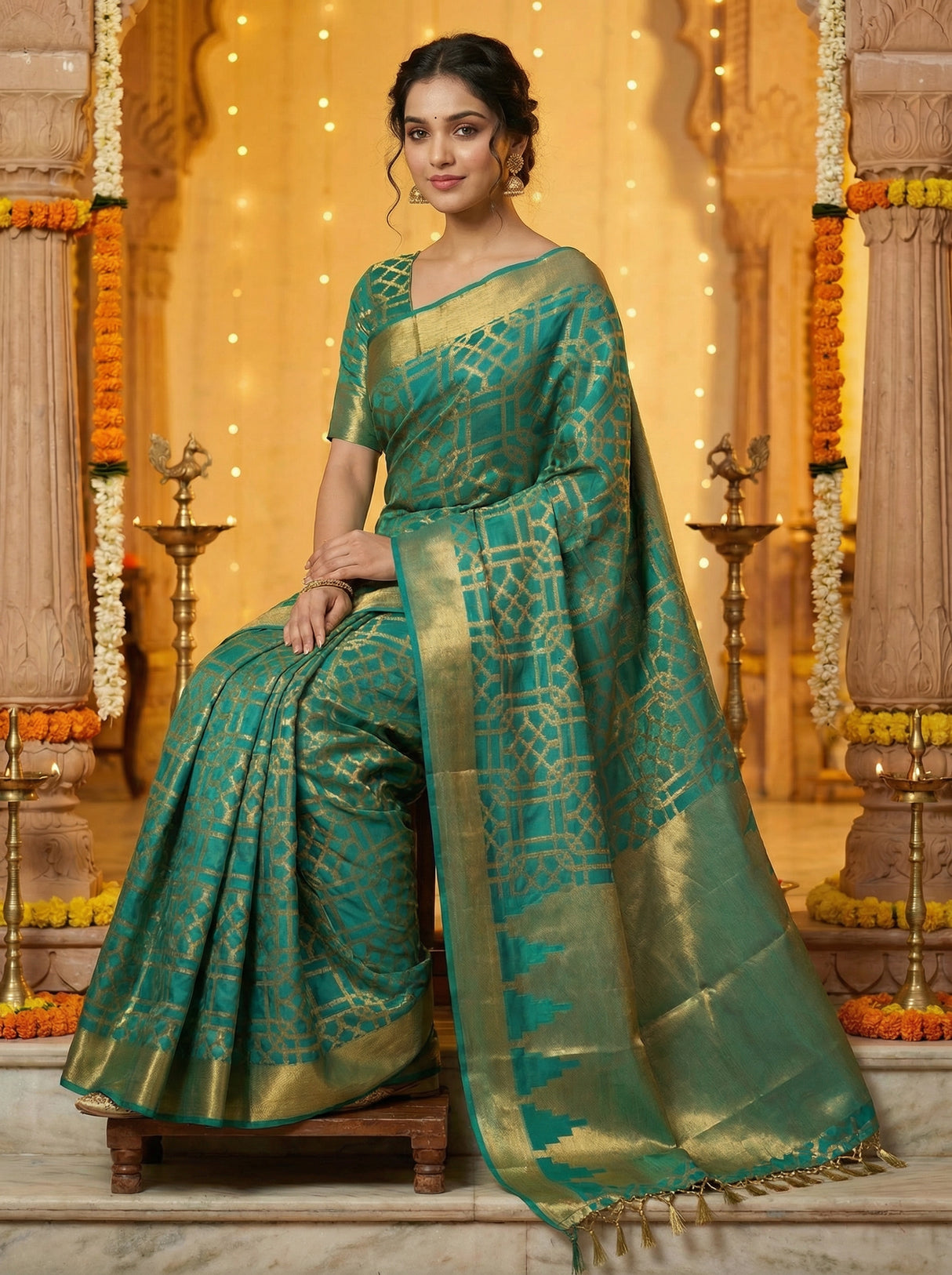 MIMOSA Women's Woven Design Banarasi Style Art Silk Saree with Blouse Piece - Saffire ( SA00003121SFFREE )
