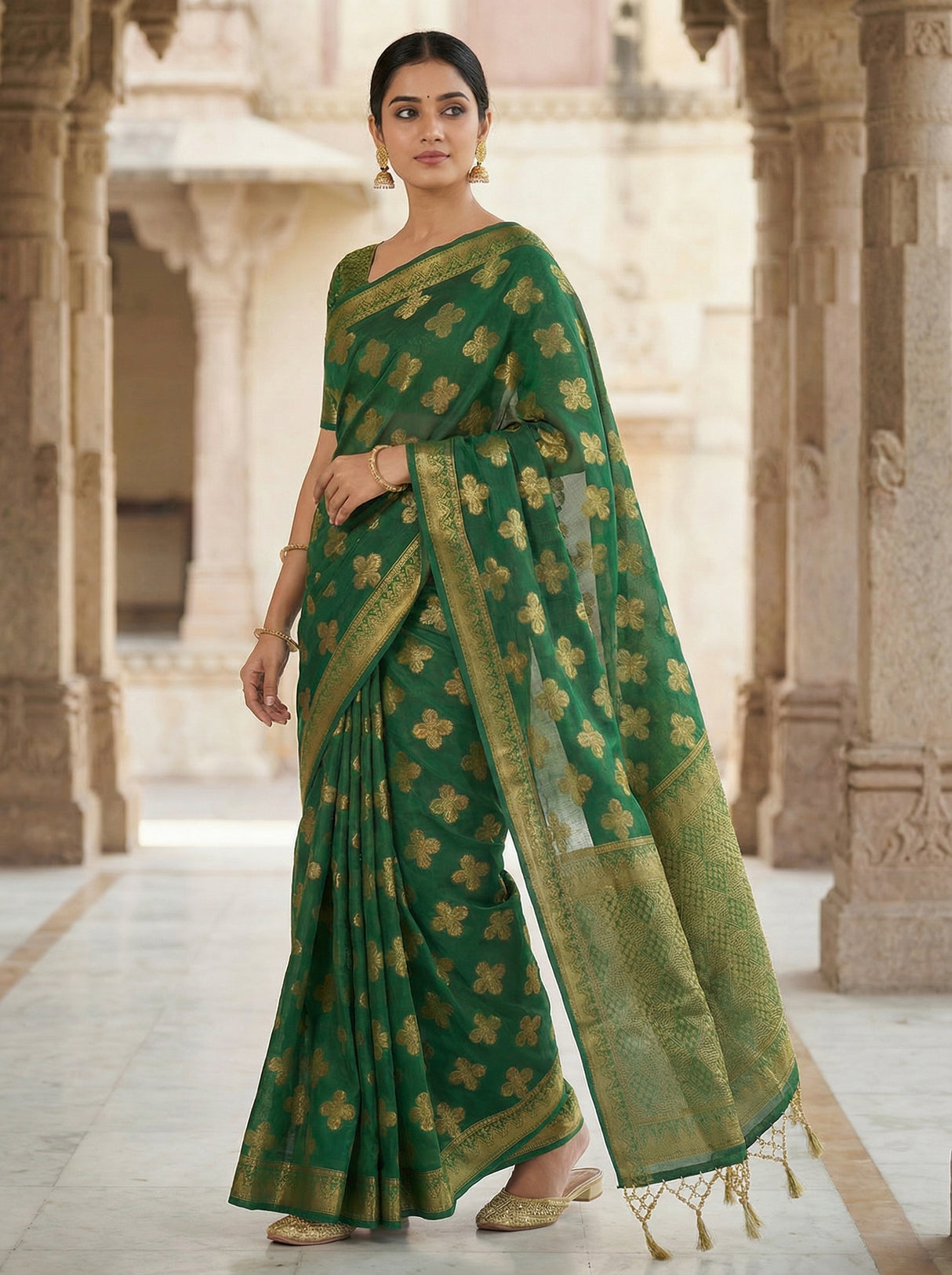 MIMOSA Women's Woven Design Mysore Silk Style Crepe Saree with Blouse Piece - Green ( SA00003122GRNFREE )