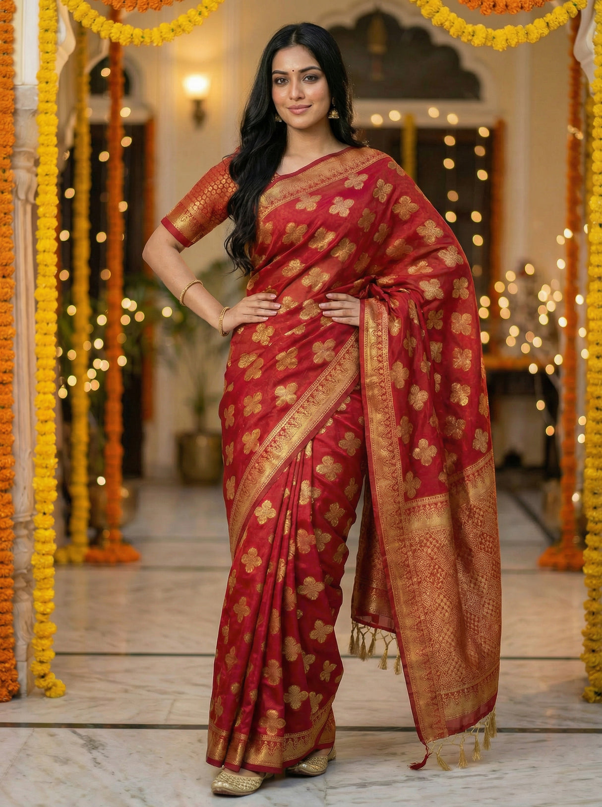 MIMOSA Women's Woven Design Mysore Silk Style Crepe Saree with Blouse Piece - Maroon ( SA00003122MRFREE )
