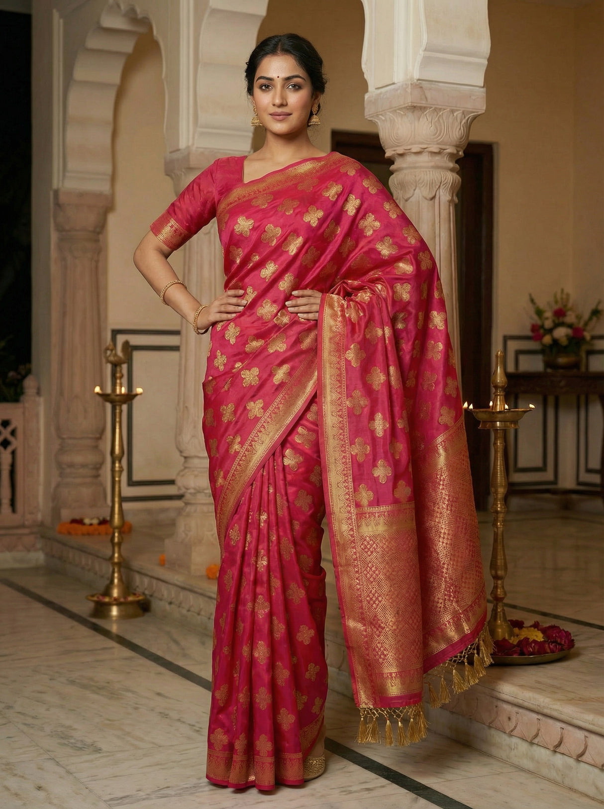 MIMOSA Women's Woven Design Mysore Silk Style Crepe Saree with Blouse Piece - Rani ( SA00003122RNFREE )