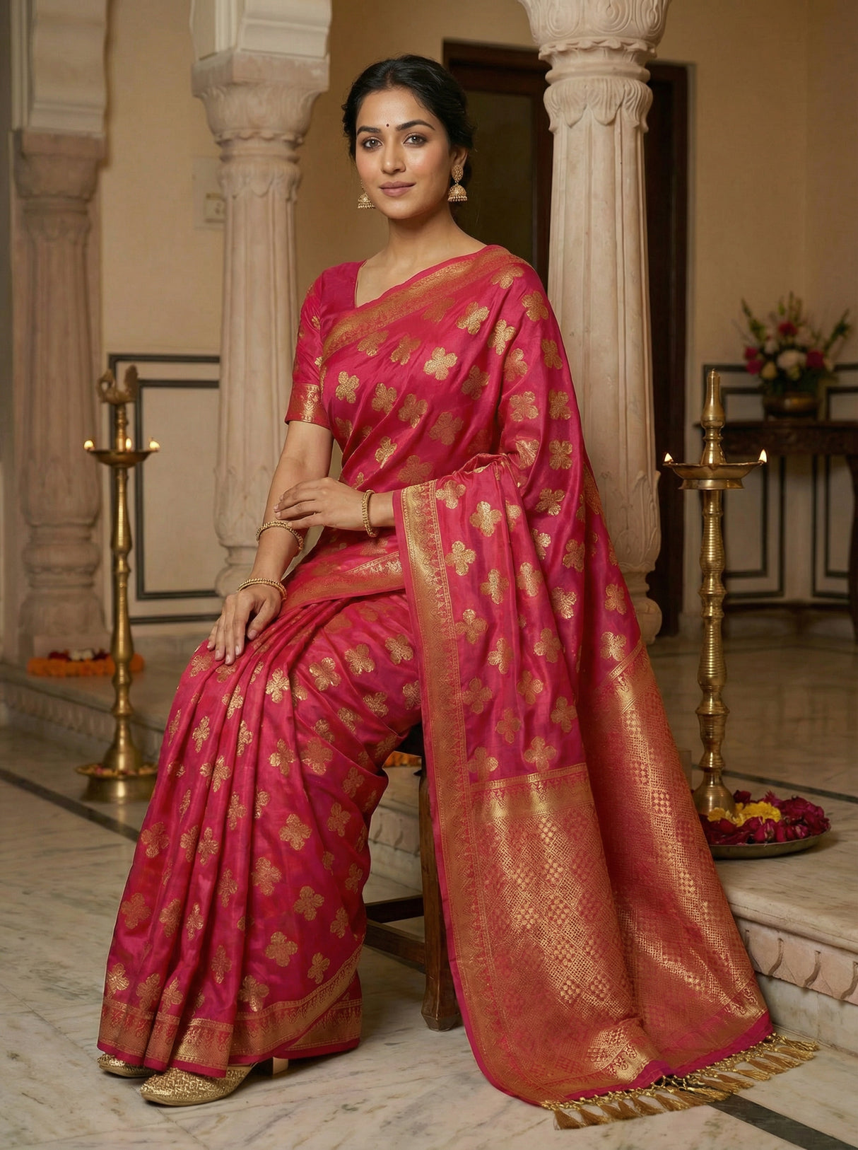 MIMOSA Women's Woven Design Mysore Silk Style Crepe Saree with Blouse Piece - Rani ( SA00003122RNFREE )