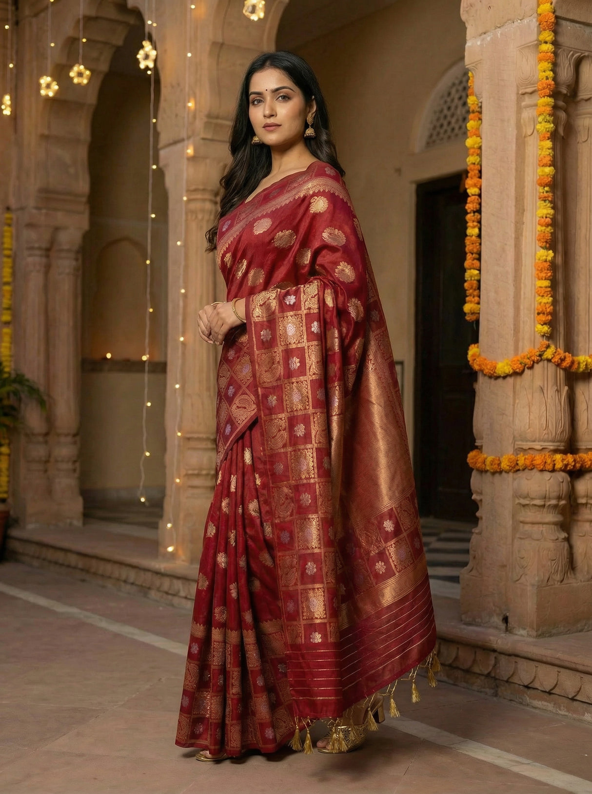 MIMOSA Women's Woven Design Banarasi Style Chiffon Saree with Blouse Piece - Maroon ( SA00003124MRFREE )