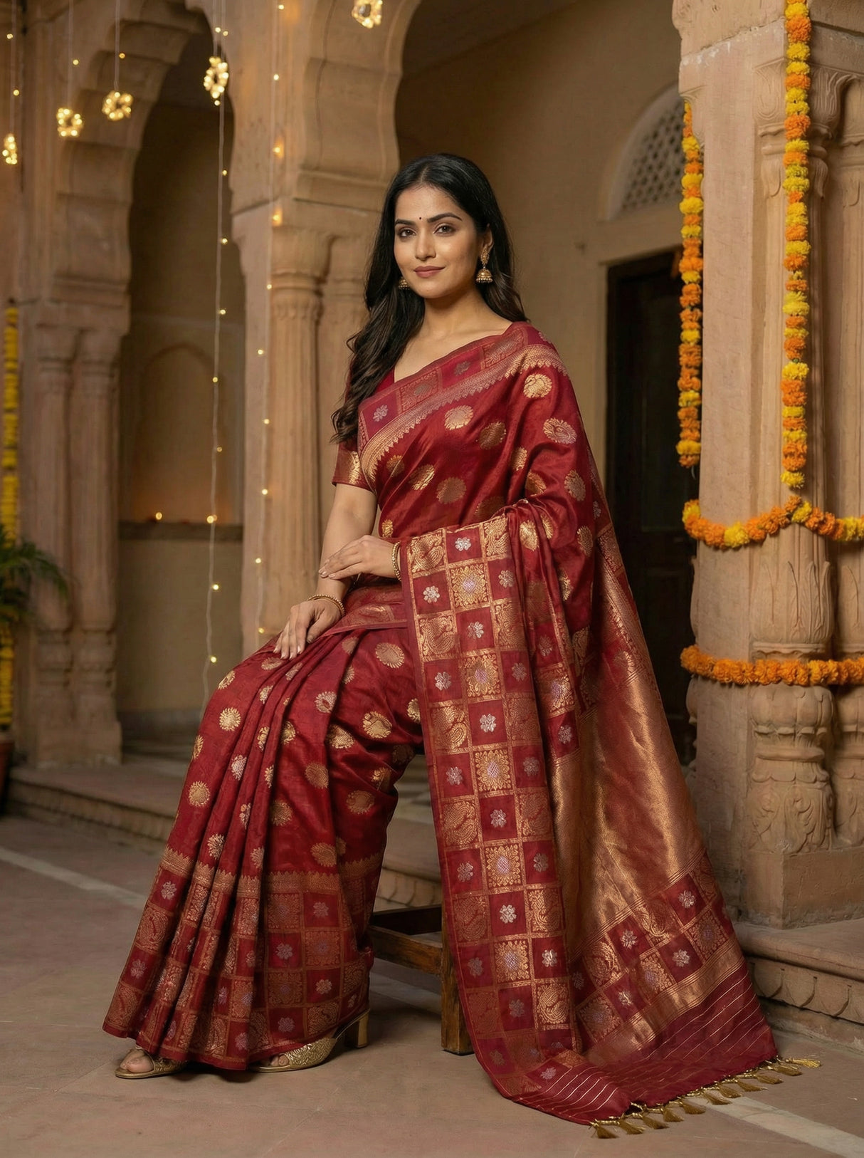 MIMOSA Women's Woven Design Banarasi Style Chiffon Saree with Blouse Piece - Maroon ( SA00003124MRFREE )