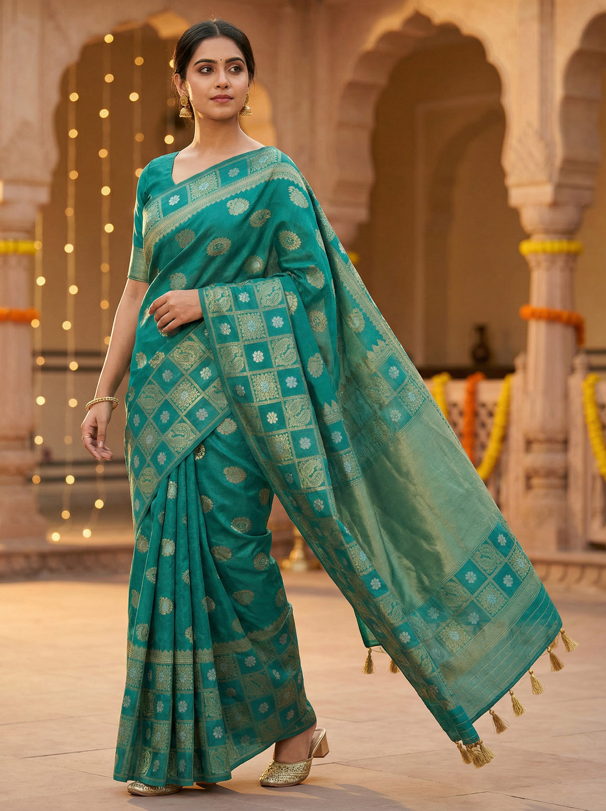 MIMOSA Women's Woven Design Banarasi Style Chiffon Saree with Blouse Piece - Rama ( SA00003124RMFREE )