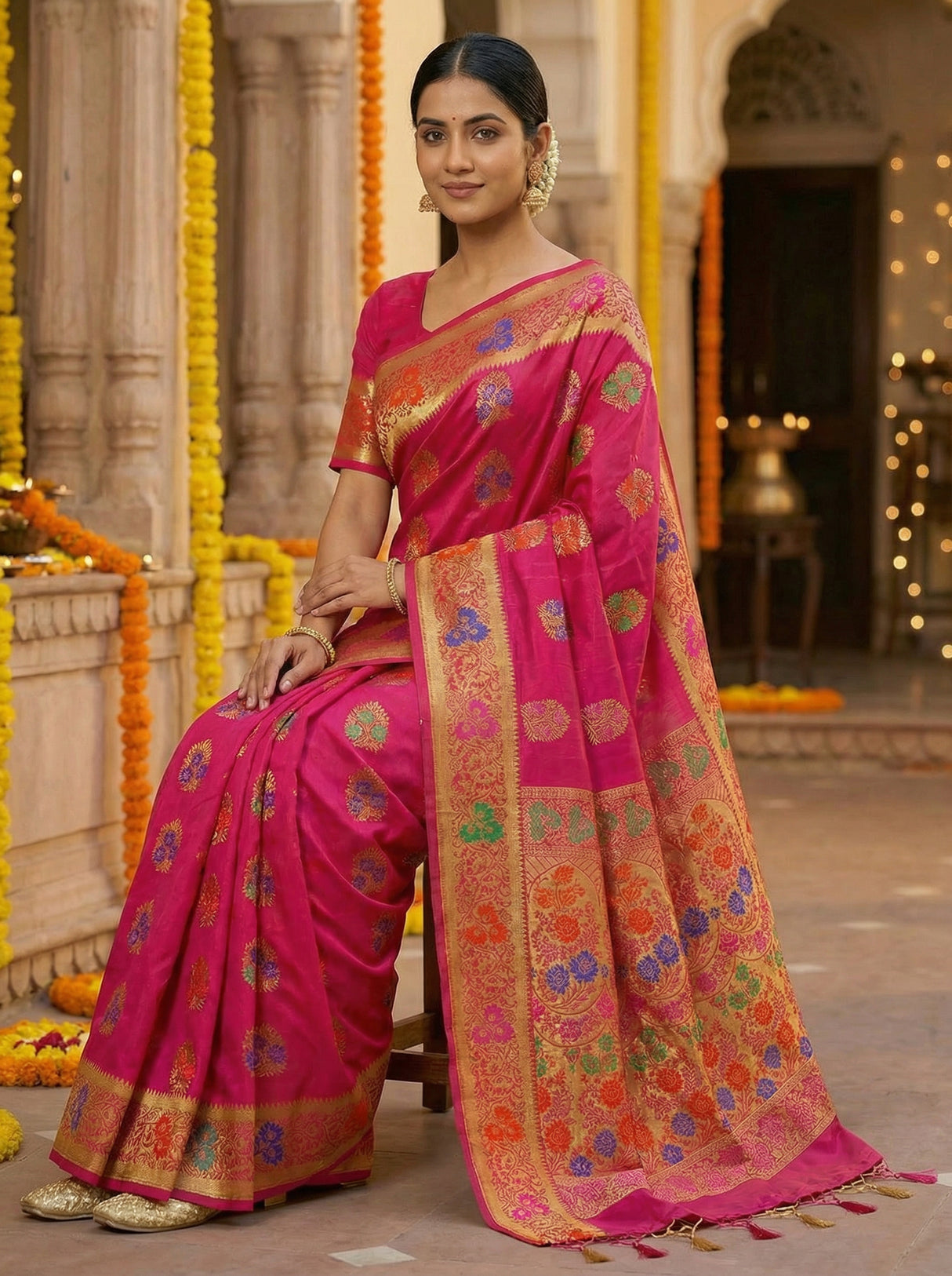 MIMOSA Women's Woven Design Paithani Style Art Silk Saree with Blouse Piece - Rani ( SA00003125RNFREE )