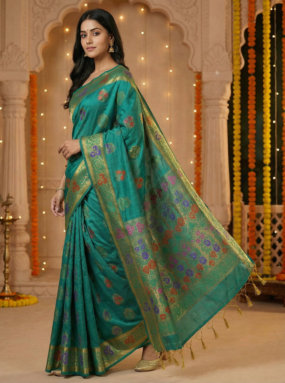 MIMOSA Women's Woven Design Paithani Style Art Silk Saree with Blouse Piece - Saffire ( SA00003125SFFREE )