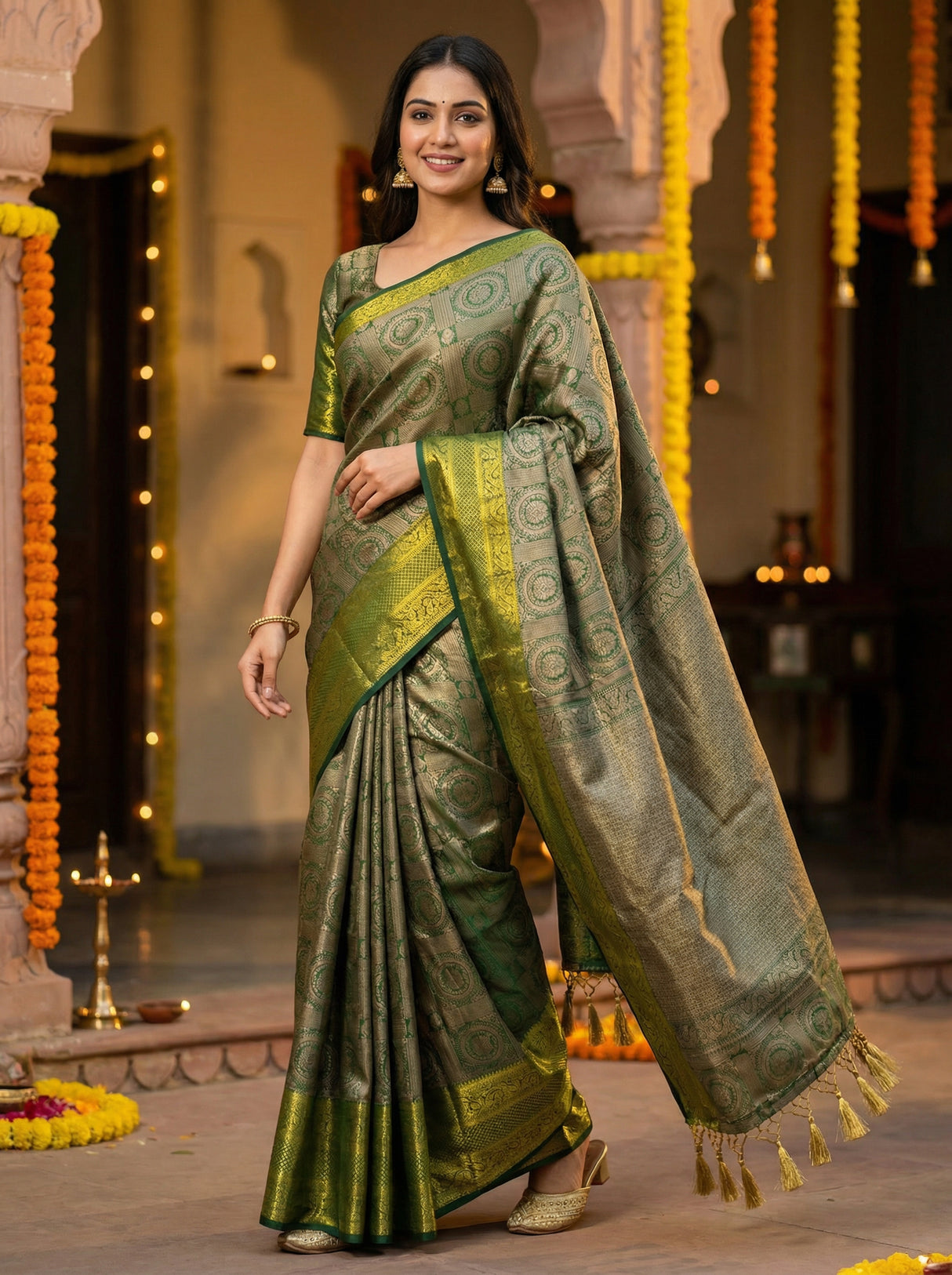 MIMOSA Women's Woven Design Banarasi Style Art Silk Saree with Blouse Piece - Green ( SA00003126GRNFREE )