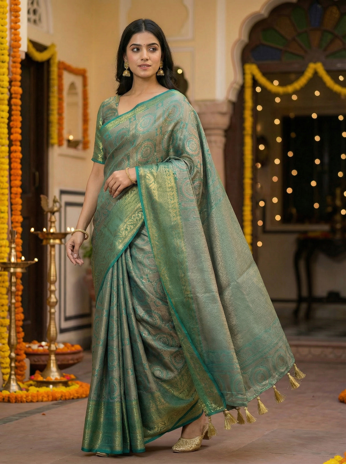 MIMOSA Women's Woven Design Banarasi Style Art Silk Saree with Blouse Piece - Rama ( SA00003126RMFREE )