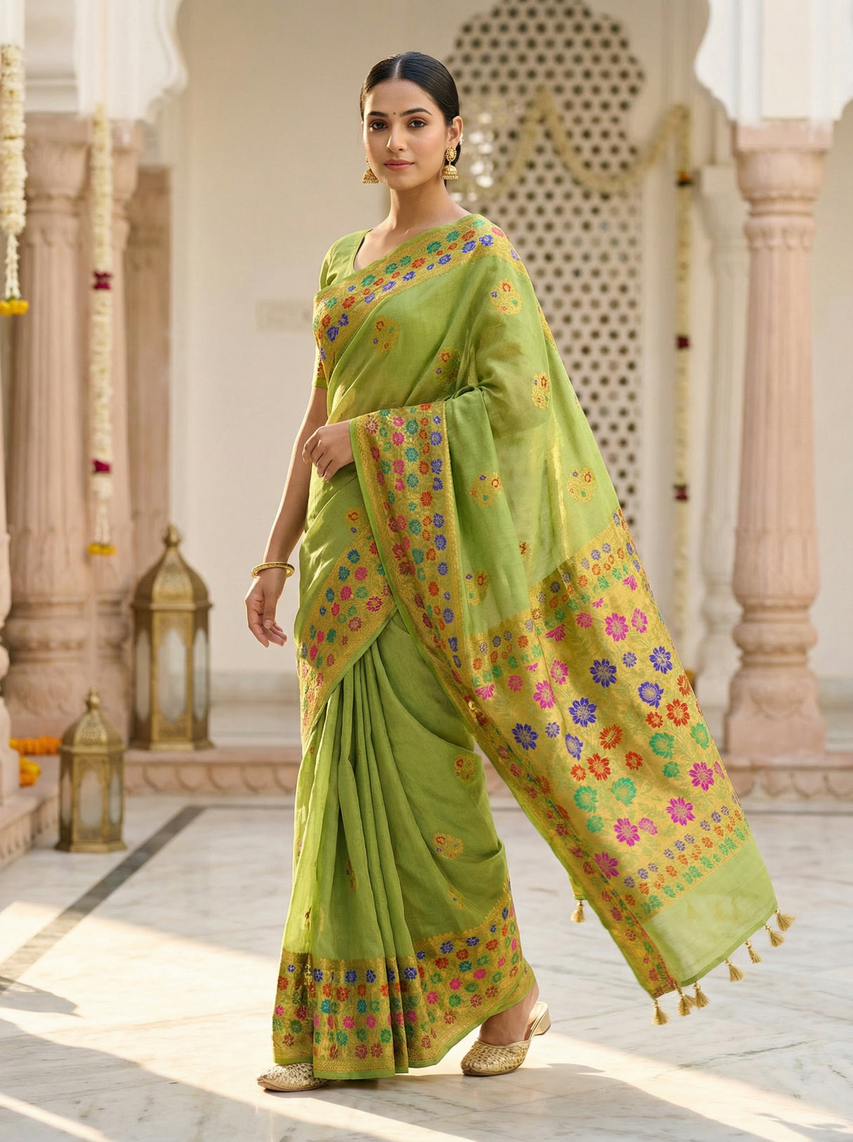 MIMOSA Women's Woven Design Paithani Style Raw Silk Saree with Blouse Piece - Olive ( SA00003127OLFREE )