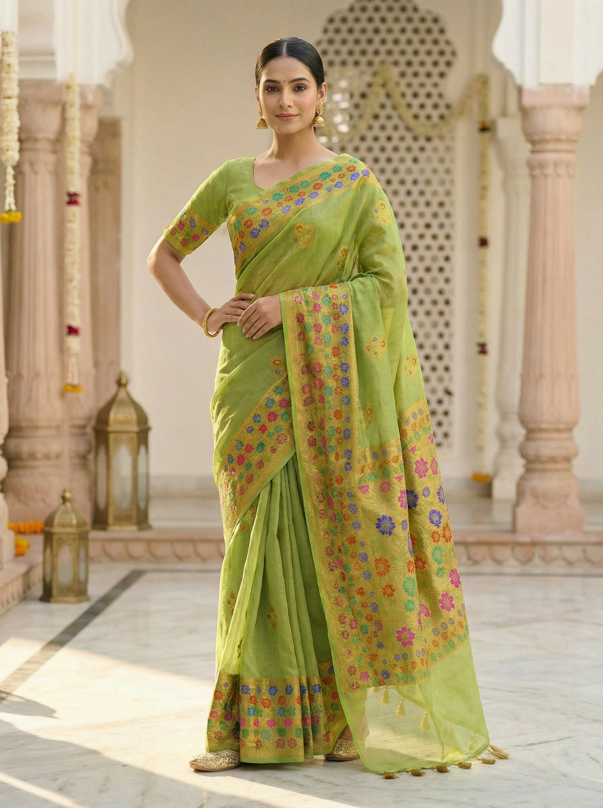 MIMOSA Women's Woven Design Paithani Style Raw Silk Saree with Blouse Piece - Olive ( SA00003127OLFREE )