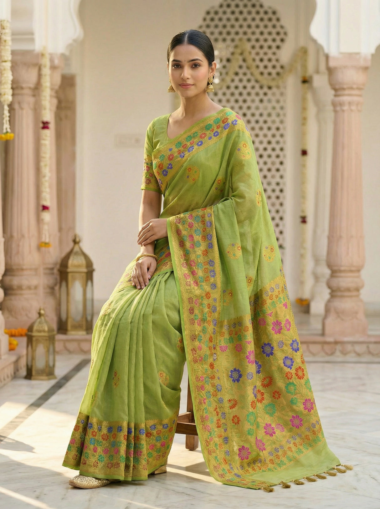 MIMOSA Women's Woven Design Paithani Style Raw Silk Saree with Blouse Piece - Olive ( SA00003127OLFREE )